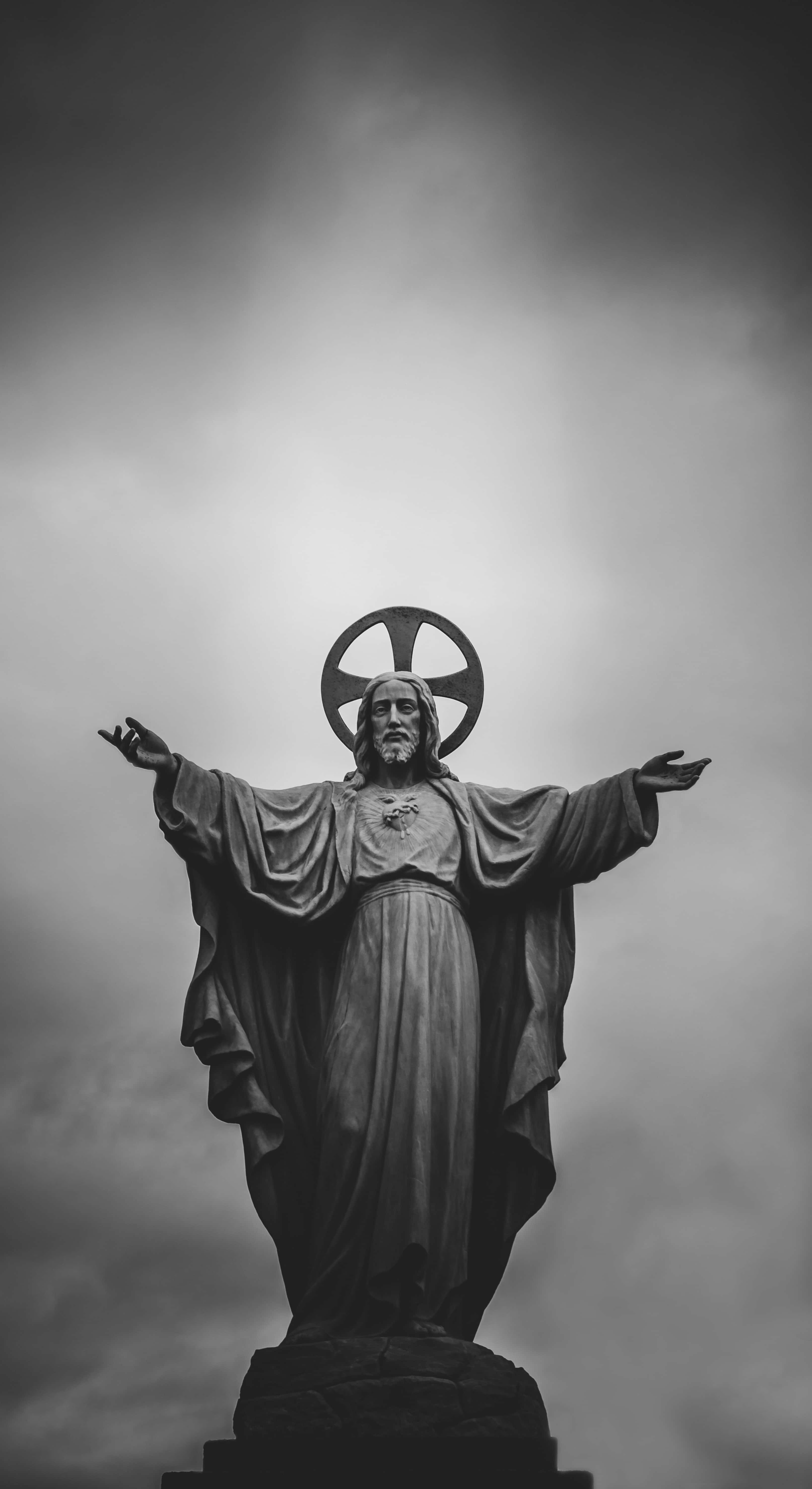 Jesus, stone statue, black and white, 5K Phone Wallpaper