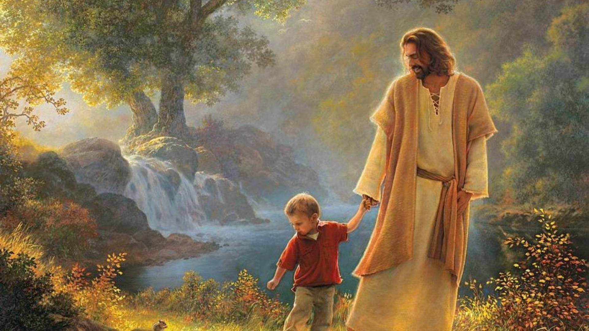 Jesus Christ, child, sunlit forest, Full HD Desktop Wallpaper