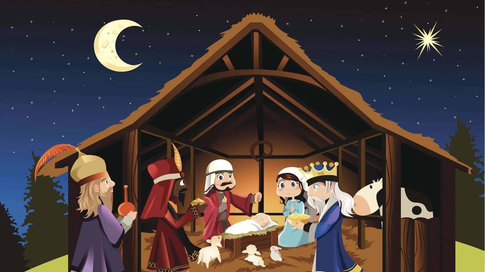 Jesus, Christmas, cartoon nativity scene, Full HD Desktop Wallpaper