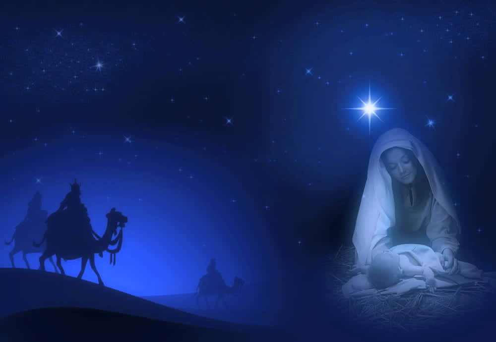 Jesus Christmas, glowing star, woman cradling a baby, SD Desktop Wallpaper