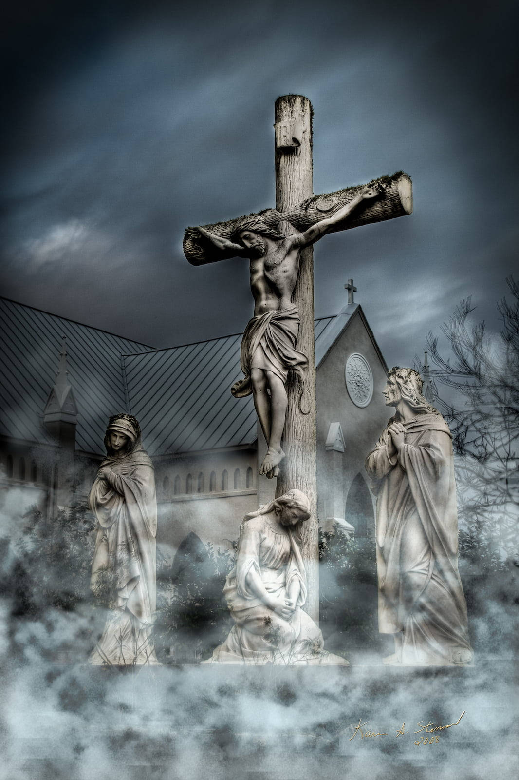 Jesus Cross, church, stone statues, HD Phone Wallpaper