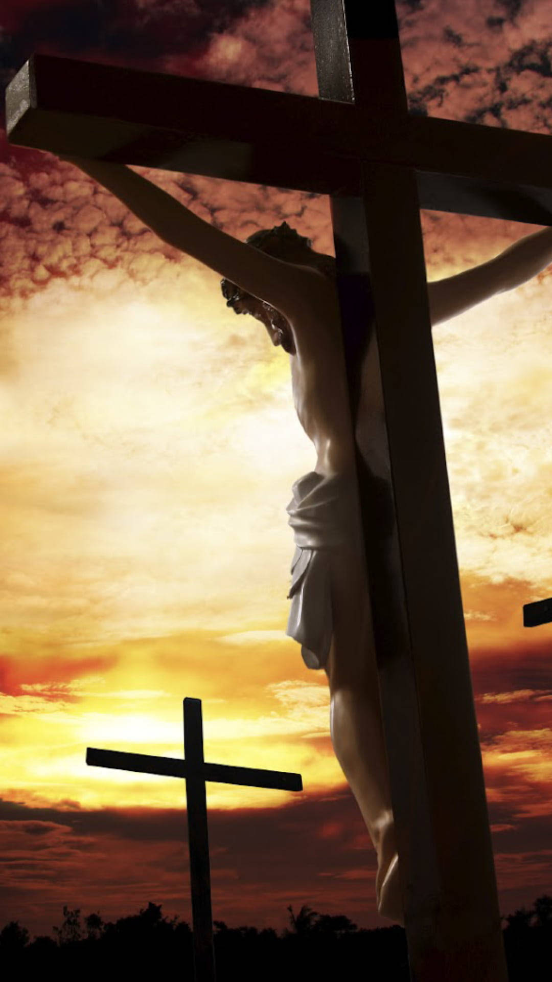 Jesus Cross, crucifixion statue, fiery sunset sky, Full HD Phone Wallpaper