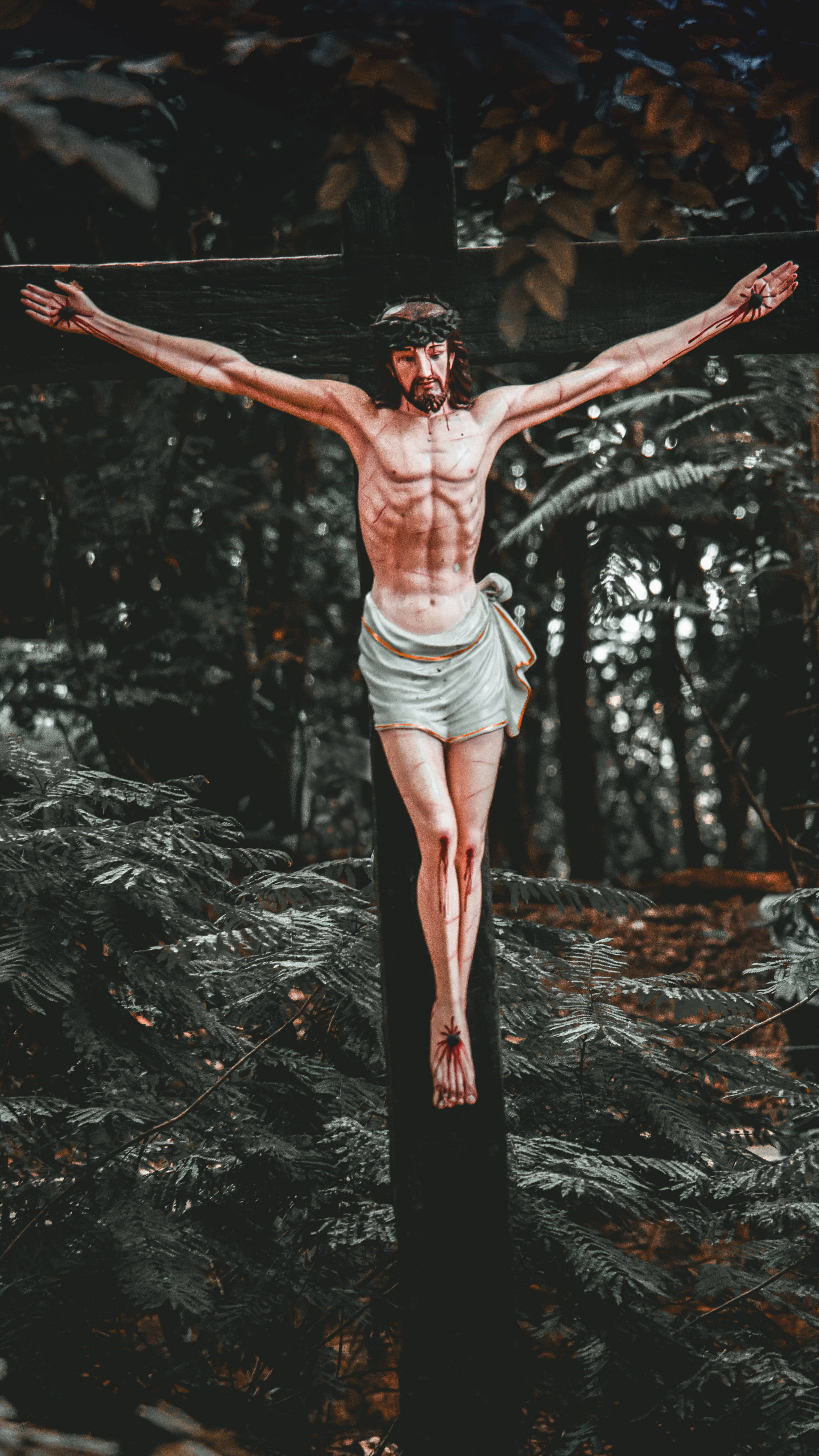 Jesus Cross, wooden crucifixion statue, crown of thorns, 4K Phone Wallpaper