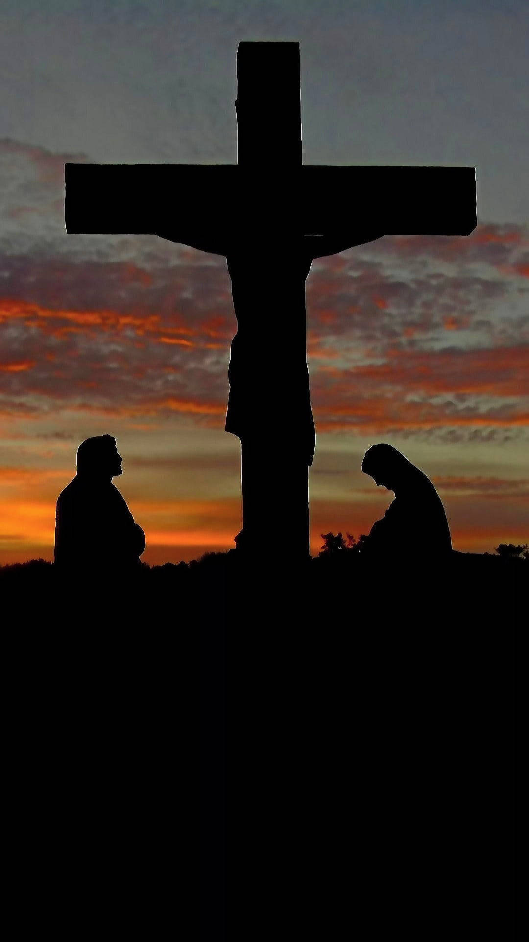 Jesus Cross, evening mourning, silhouetted figures, Full HD Phone Wallpaper