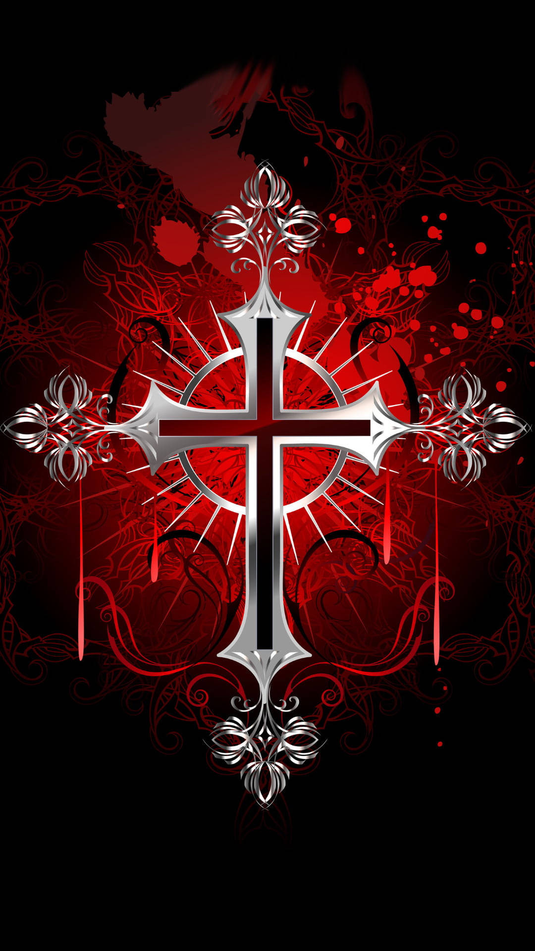 silver and red jesus cross, silver ornate cross, blood splatters, Full HD Phone Wallpaper