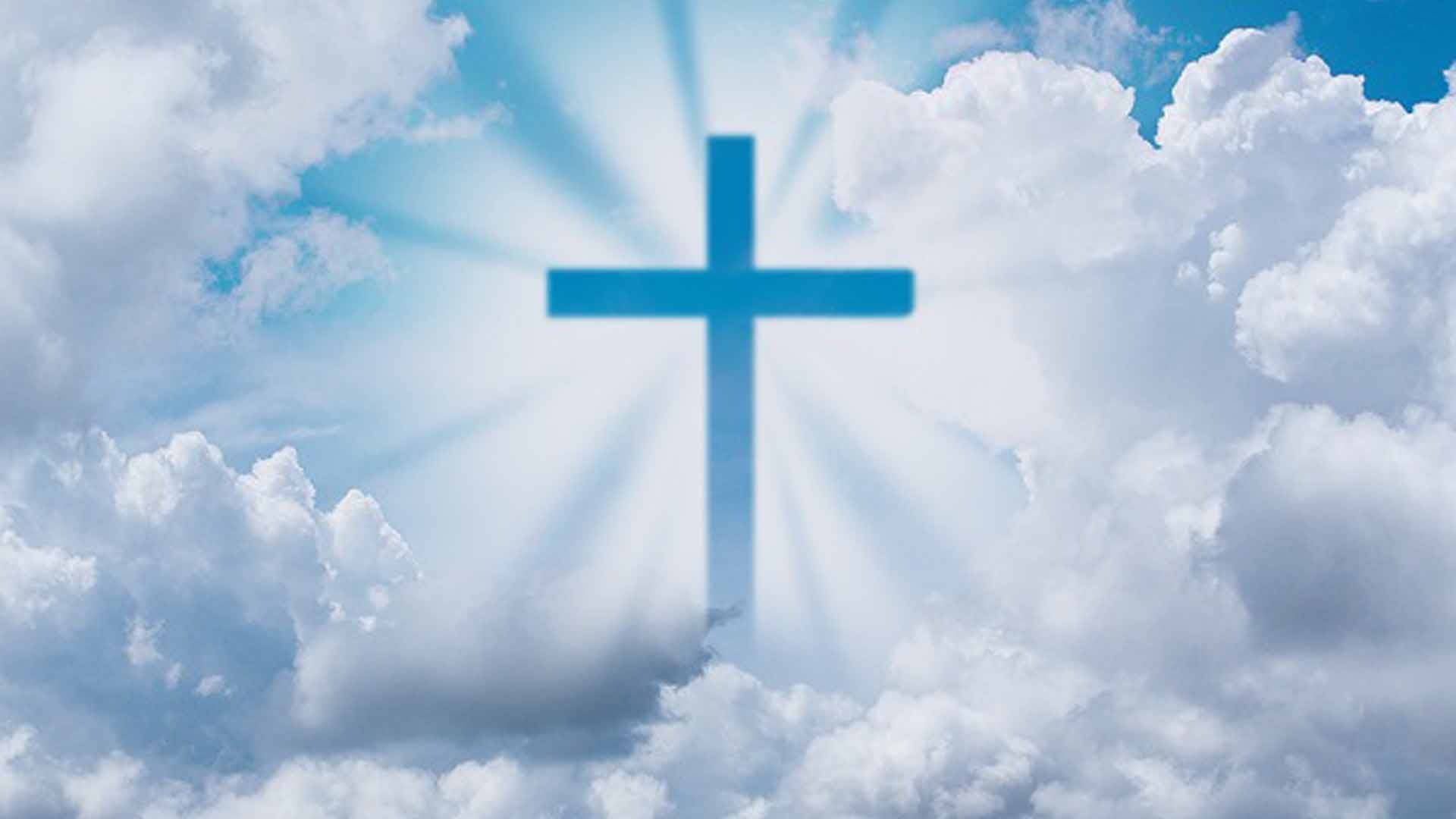 Jesus Cross, glowing blue cross, fluffy white clouds, Full HD Desktop Wallpaper
