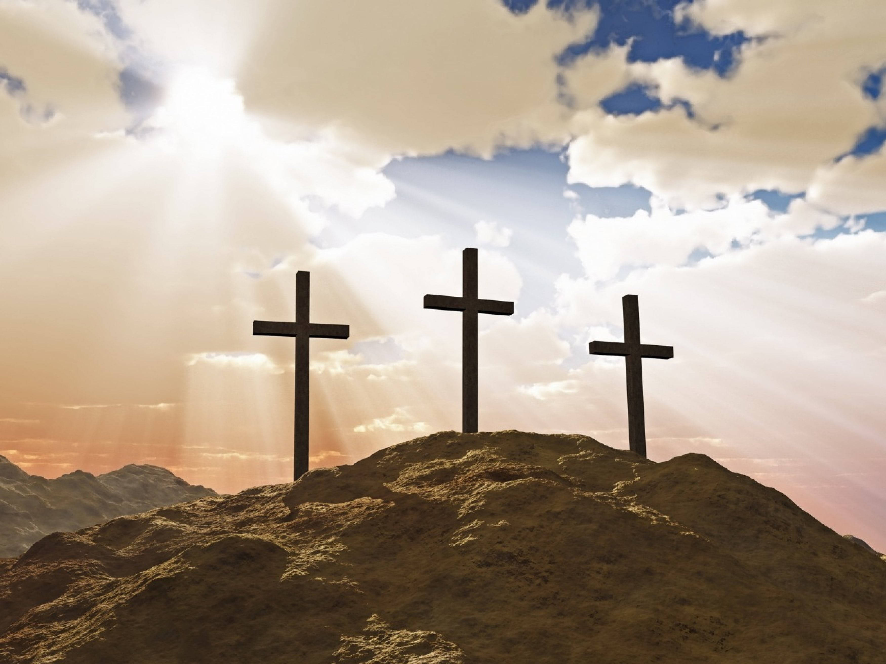 Jesus Cross, rocky hill, sunbeams, 2K Desktop Wallpaper