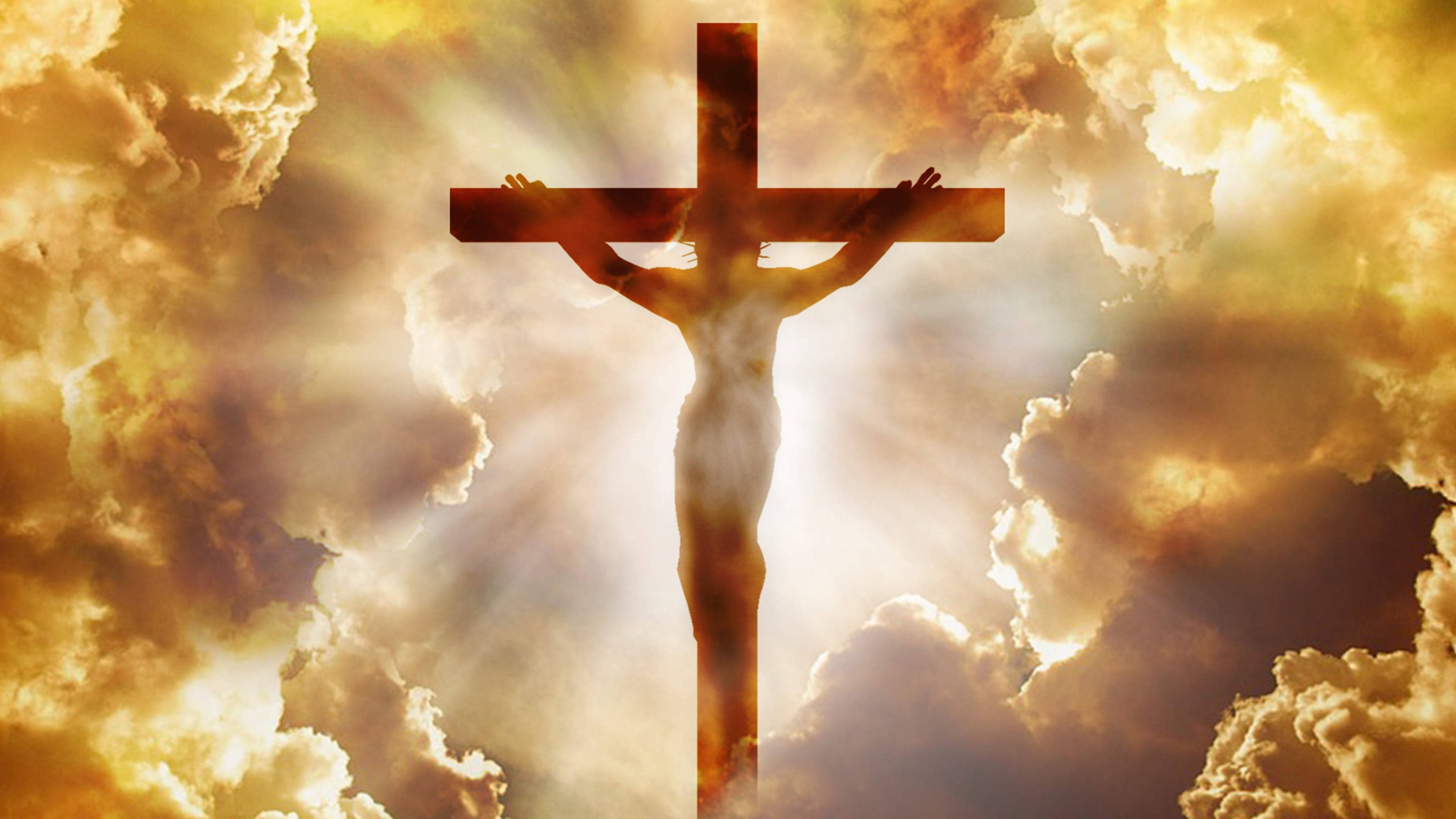 Jesus Cross, warm sunlit sky, radiant golden sky, 4K Desktop Wallpaper