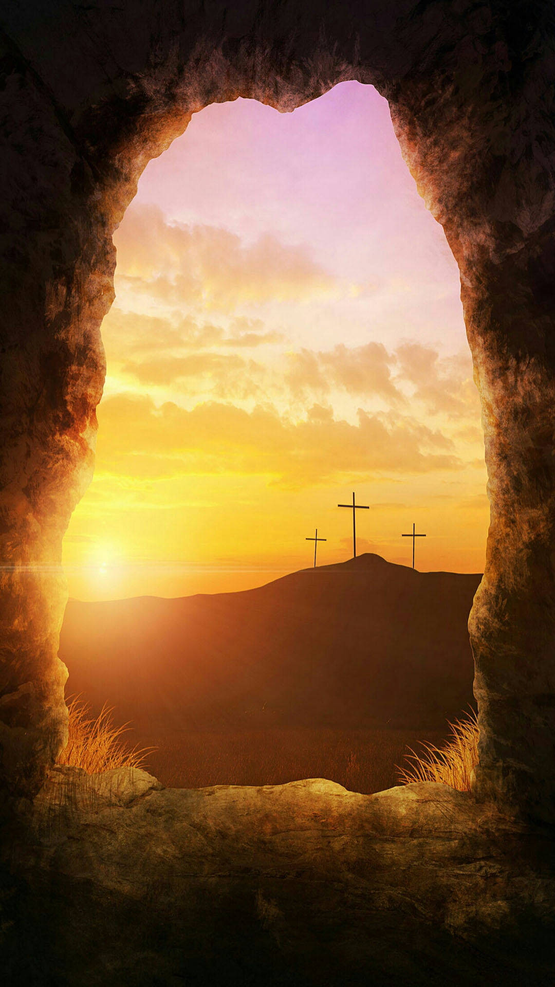 Jesus Cross, rocky tomb, three crosses, Full HD Phone Wallpaper