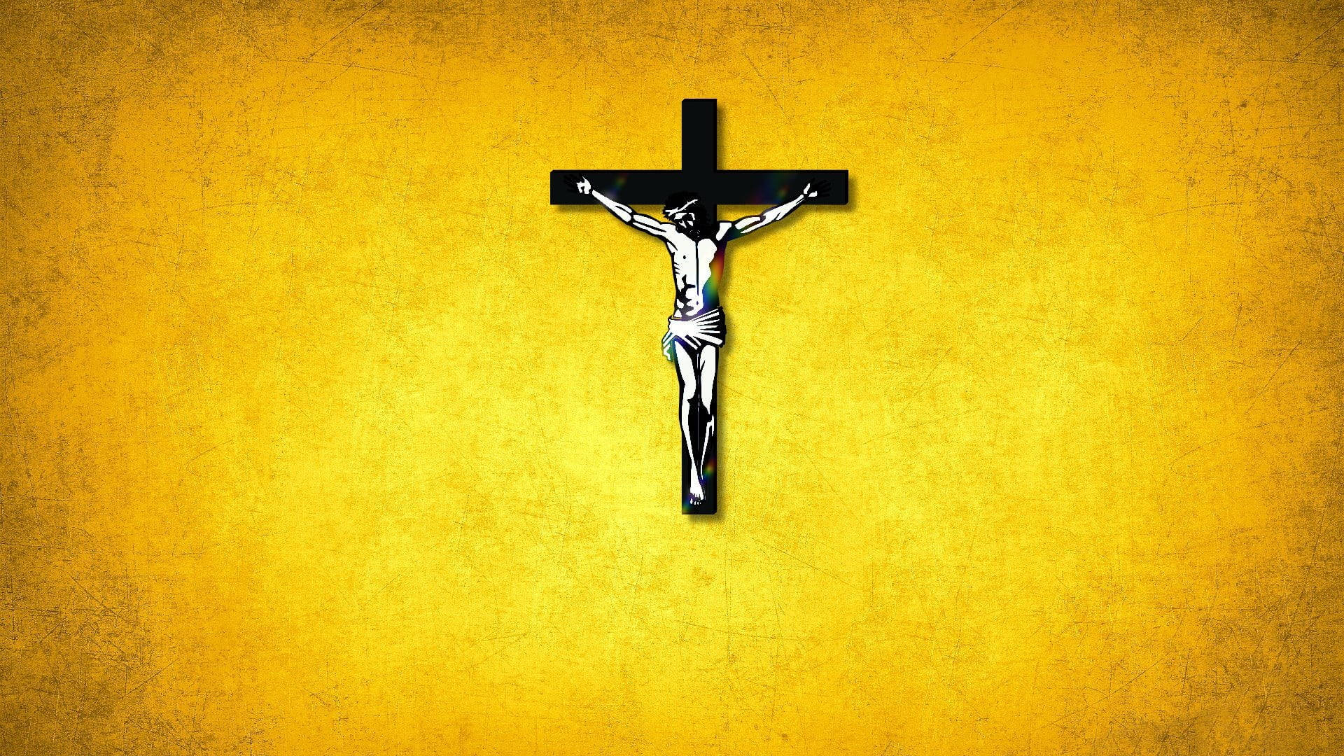 Jesus Cross, yellow grunge, black crucifix, Full HD Desktop Wallpaper