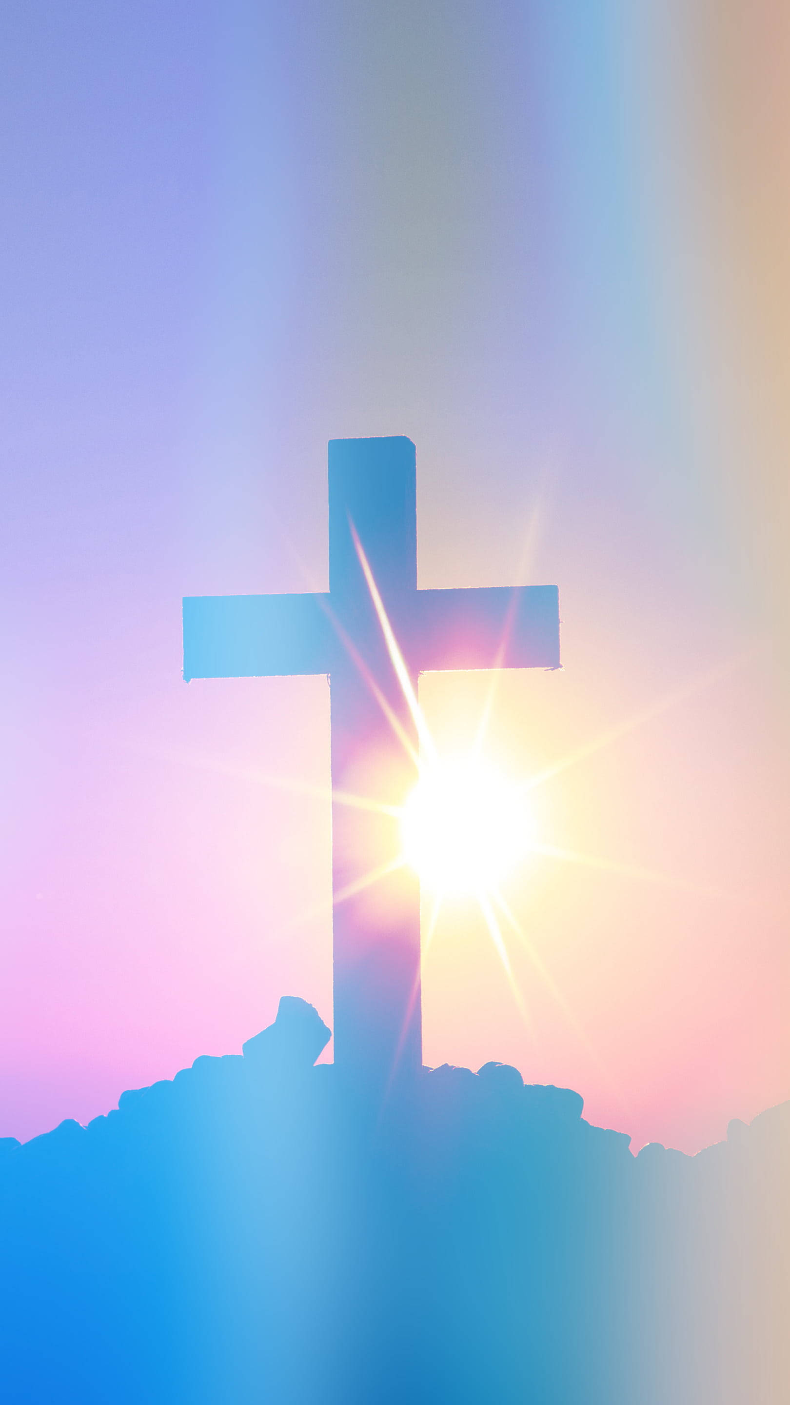 Jesus Cross, iridescent light, glowing cross silhouette, 2K Phone Wallpaper