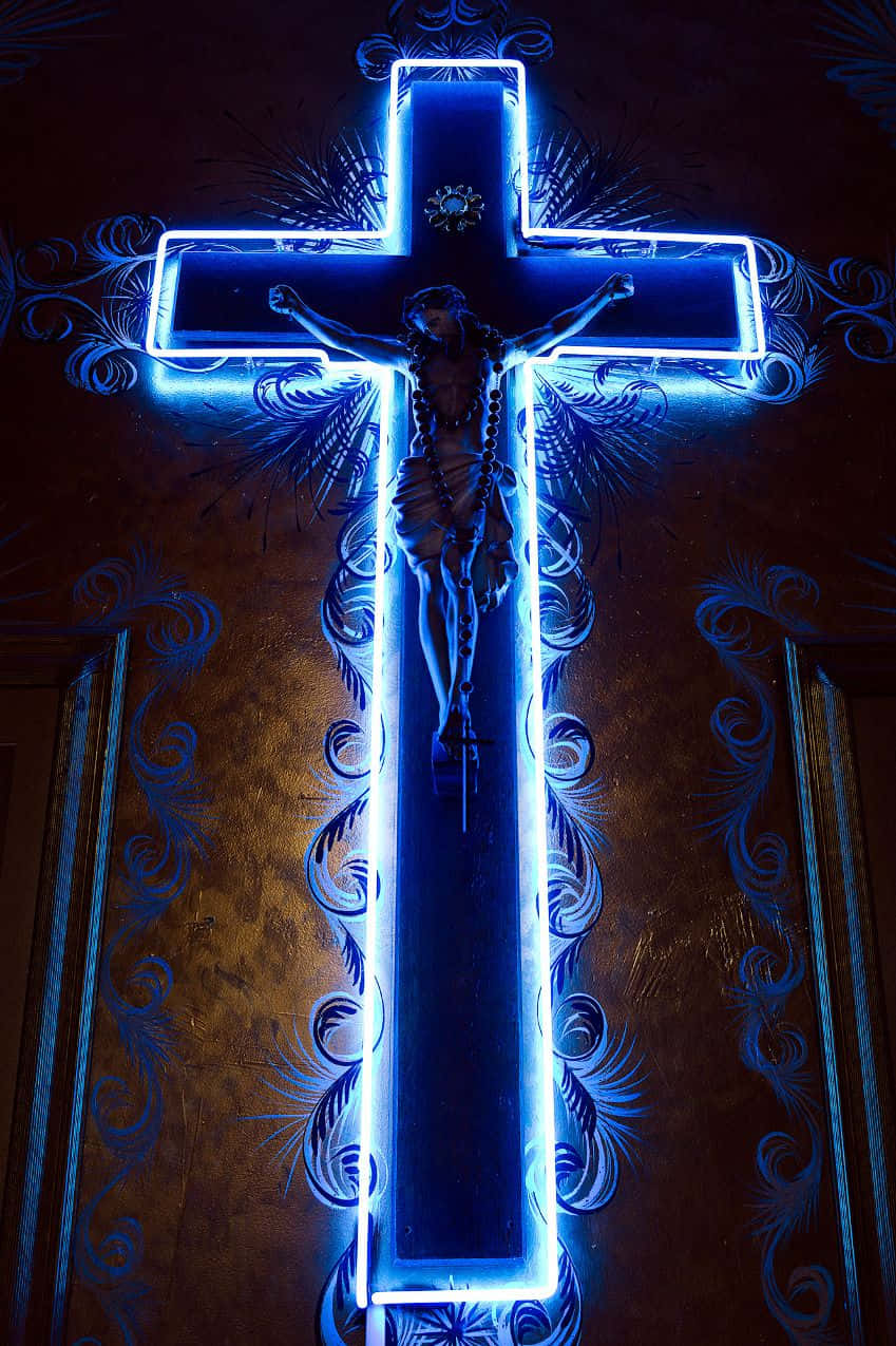 Neon Cross, Neon Blue Jesus, glowing blue neon cross, SD Phone Wallpaper