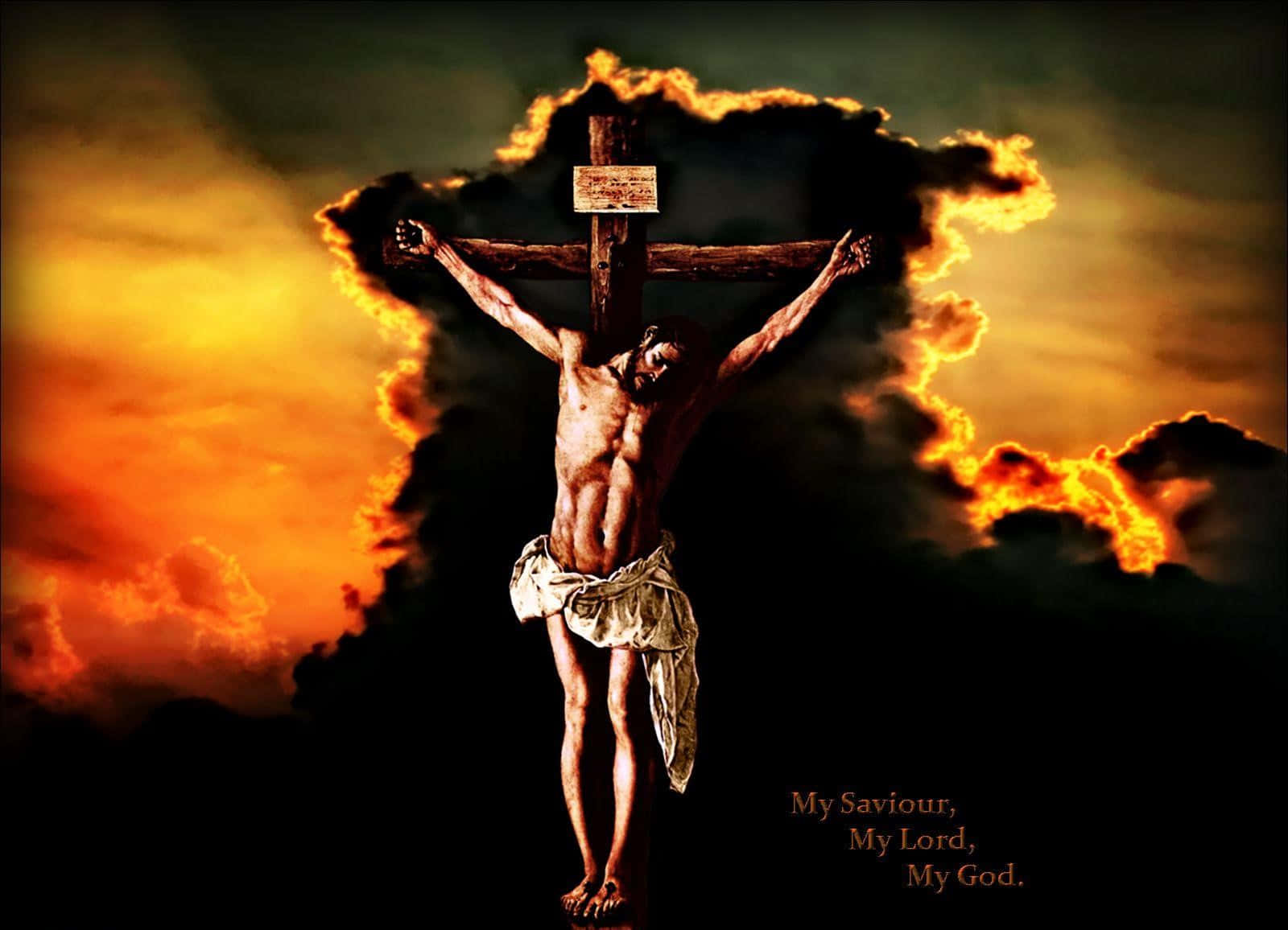 Jesus Crucifixion, fiery orange sky, dark clouded sky, HD Desktop Wallpaper