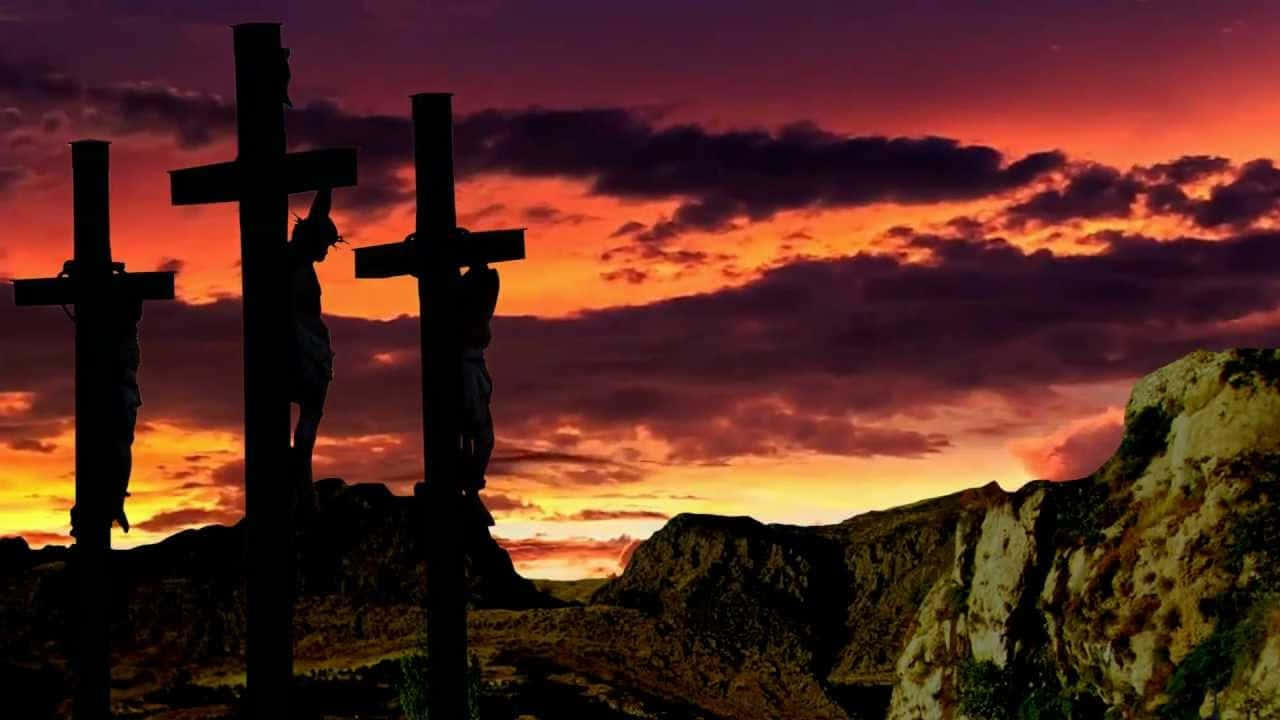 Jesus Crucifixion, crucifixes, fiery sunset sky, HD Desktop Wallpaper