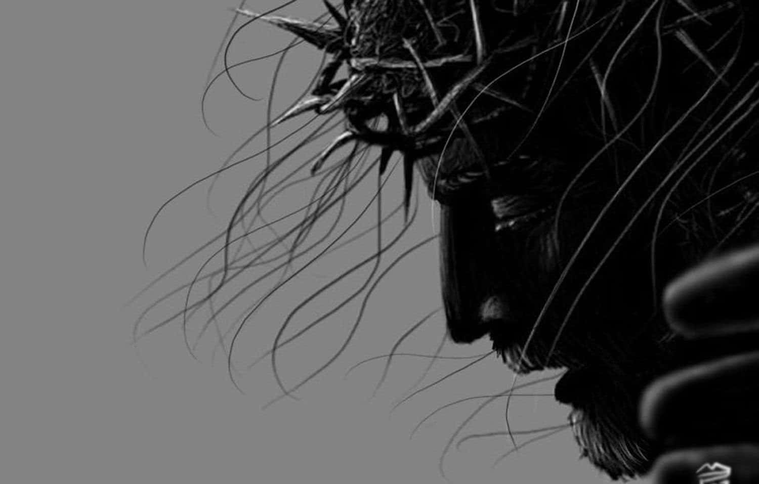 Jesus Crucifixion, black and white illustration, solemn face, HD Desktop Wallpaper