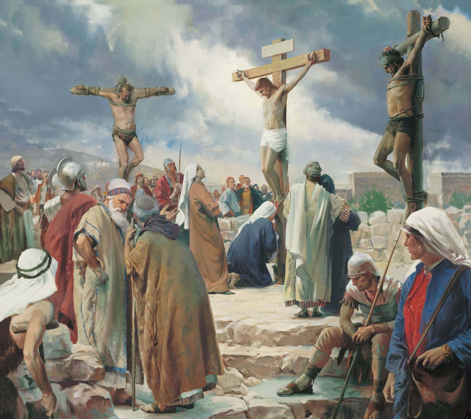 Jesus Crucifixion, three men crucified, dramatic cloudy sky, HD Desktop Wallpaper