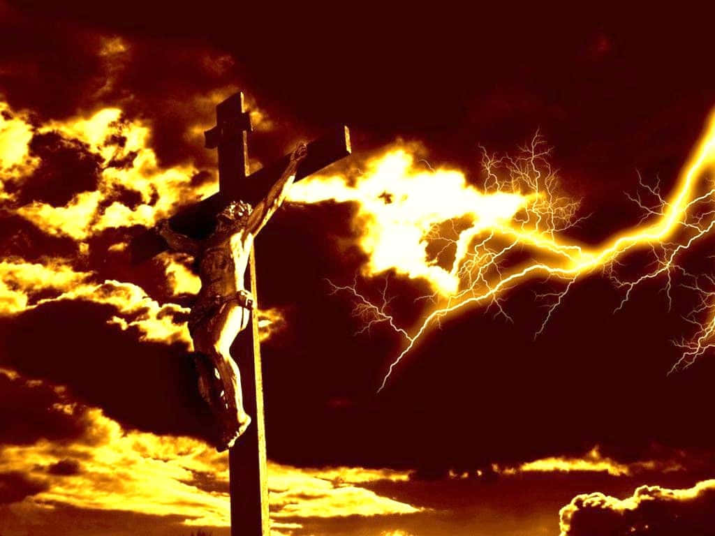 Jesus Crucifixion, stormy sky, vivid yellow lightning, SD Desktop Wallpaper