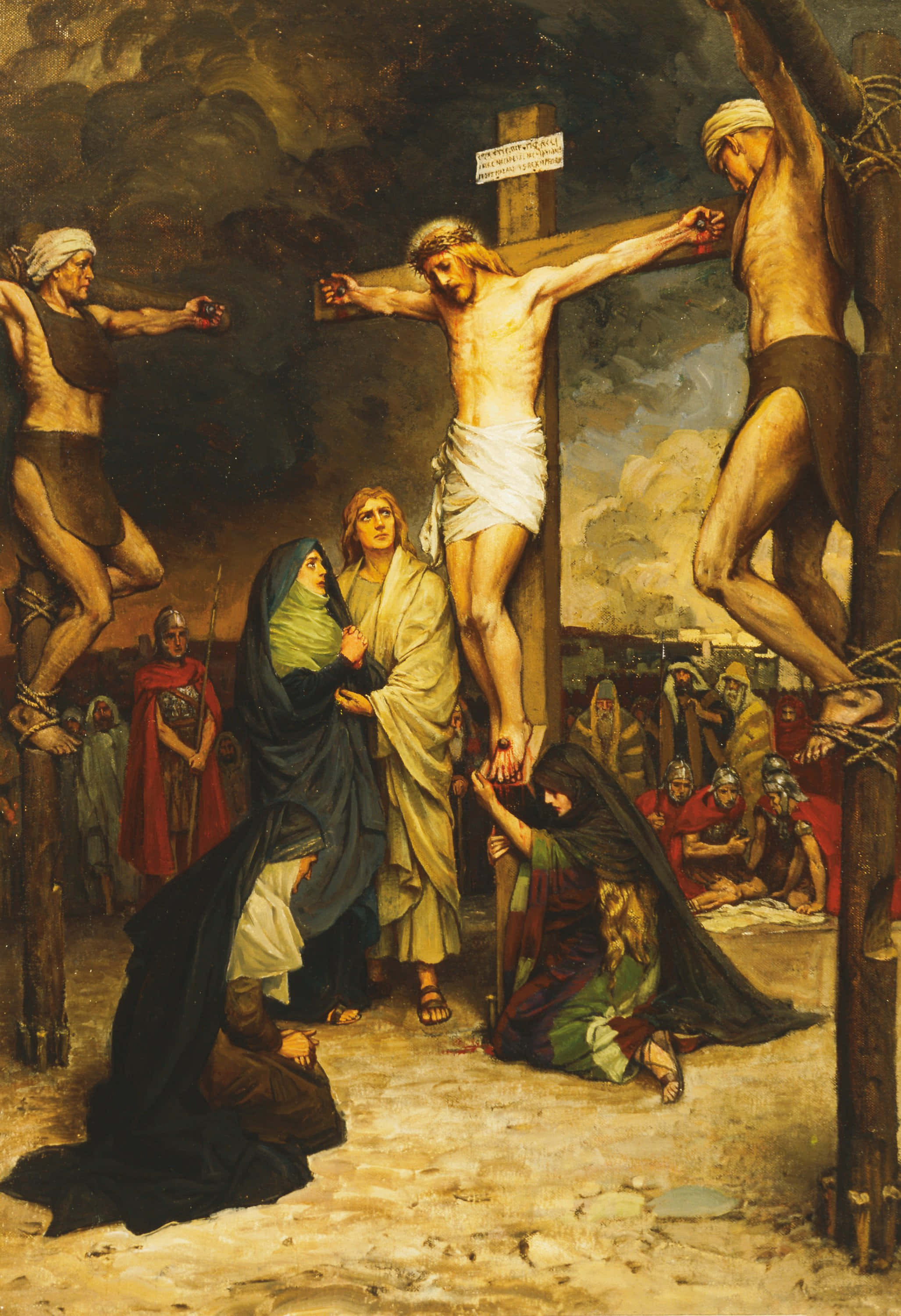 Jesus Crucifixion, oil painting, stormy sky, 2K Phone Wallpaper