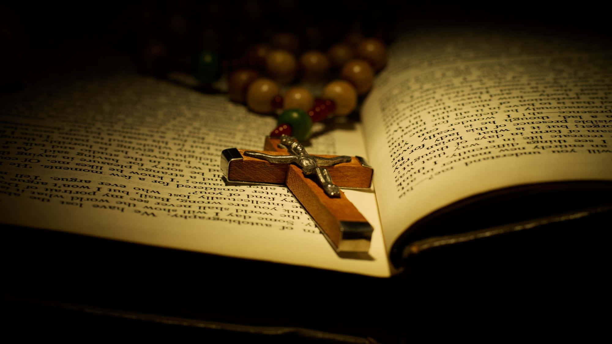 crucifix, open bible, wooden cross, Full HD Desktop Wallpaper