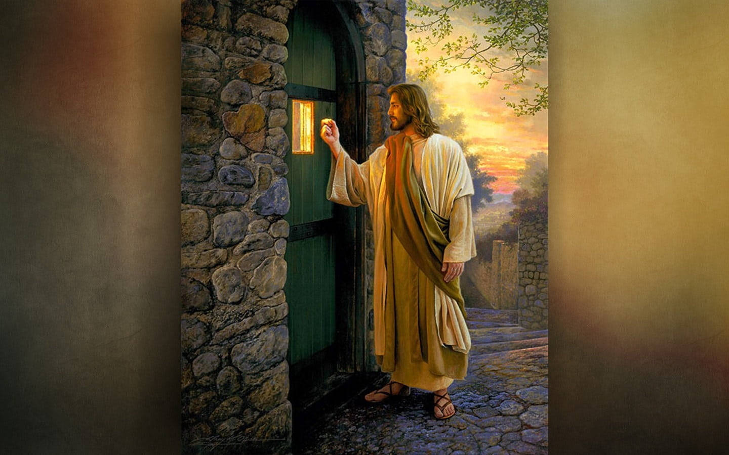 Jesus, green wooden door, stone wall, HD Desktop Wallpaper