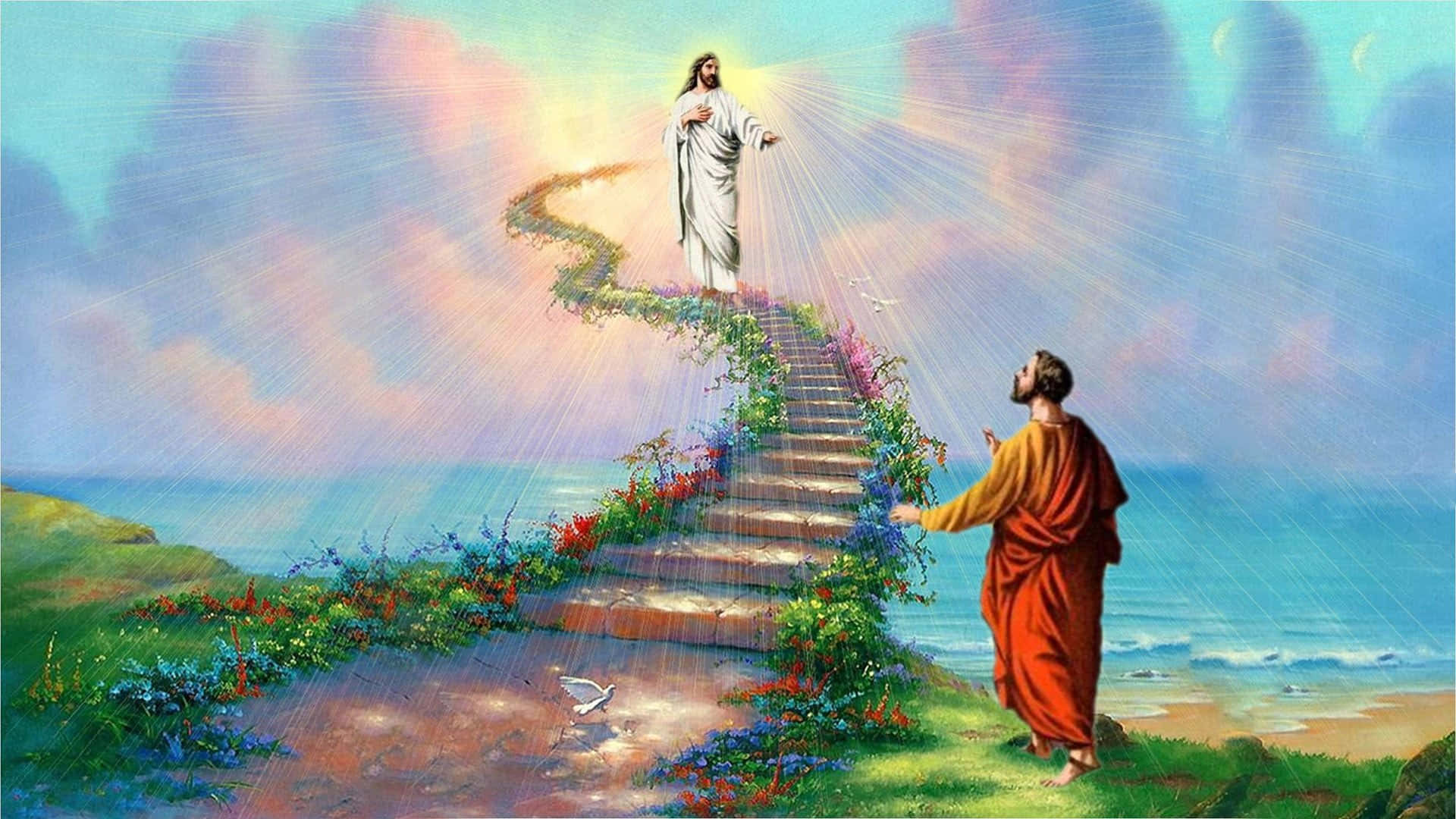 Jesus, heaven, floral staircase, Full HD Desktop Wallpaper