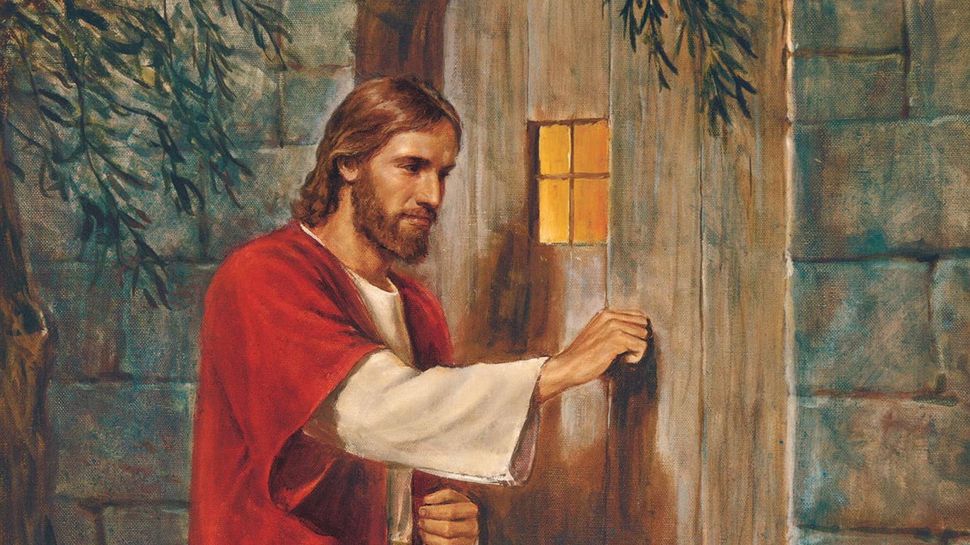 Jesus, red robe, wooden door, Full HD Desktop Wallpaper