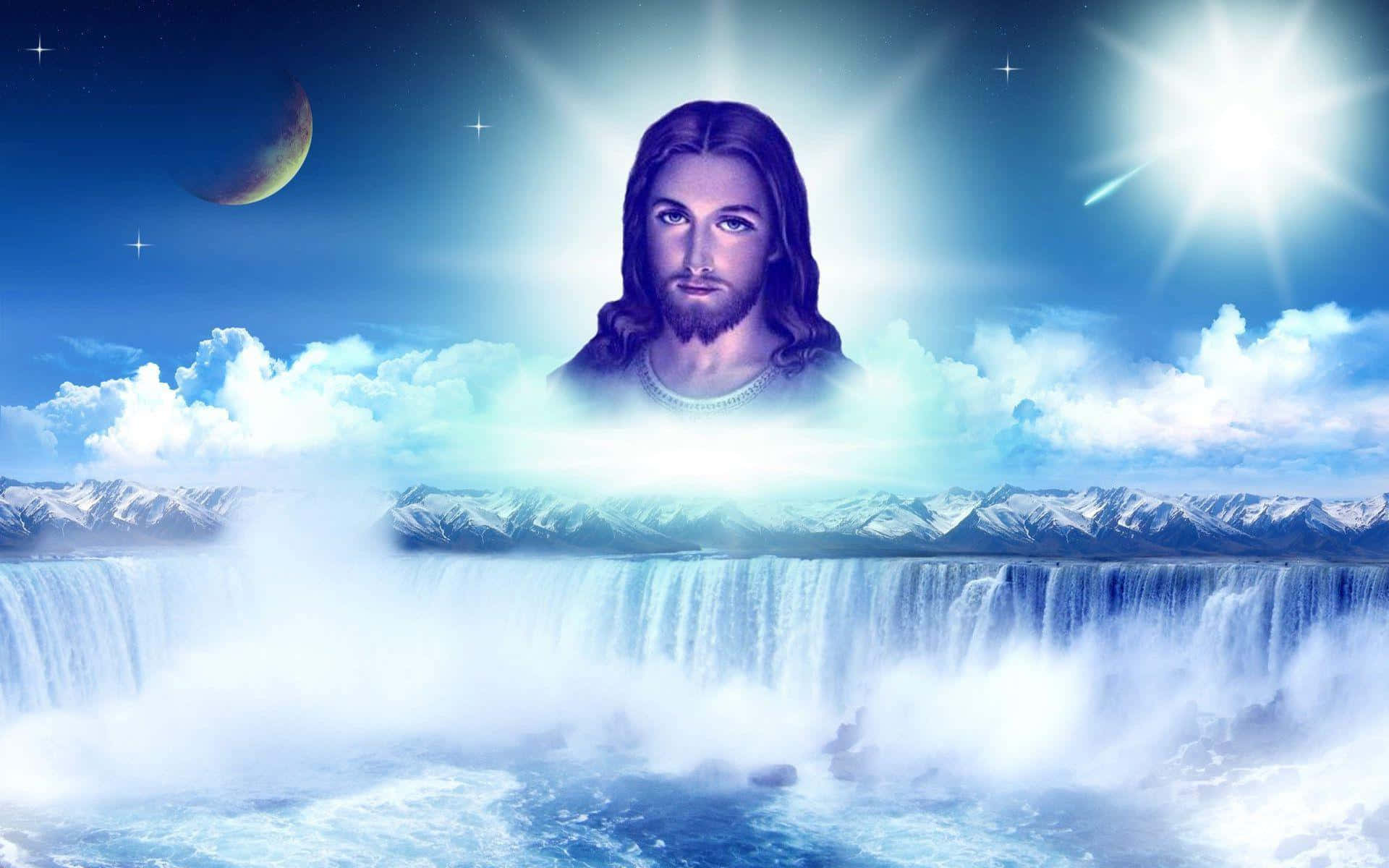 Jesus, heaven, waterfall, Full HD Desktop Wallpaper