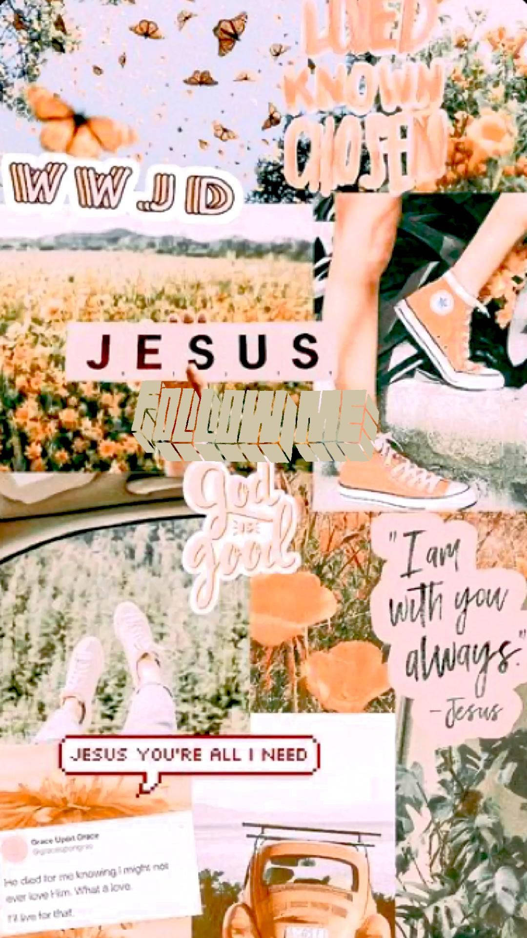 Cute Jesus Collage, orange sneakers, butterflies, Full HD Phone Wallpaper