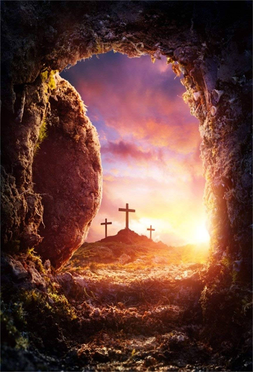 Jesus, three crosses, rocky tomb entrance, SD Phone Wallpaper
