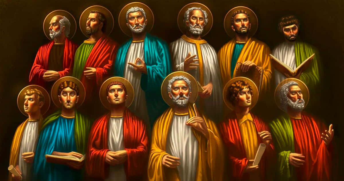 Jesus Disciples, twelve haloed men, colorful robes, SD Desktop Wallpaper