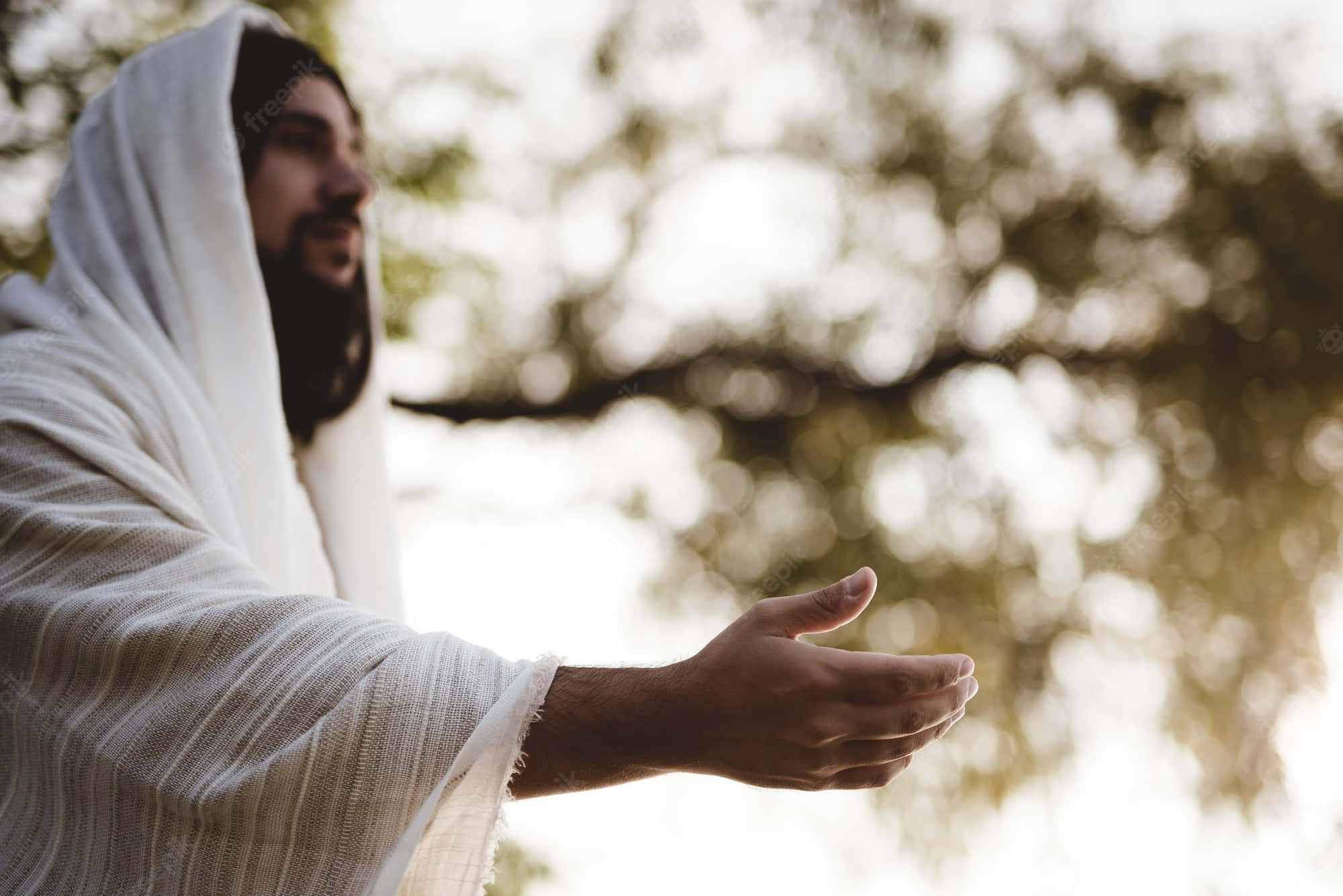 Jesus, white robe, sunlit trees, Full HD Desktop Wallpaper