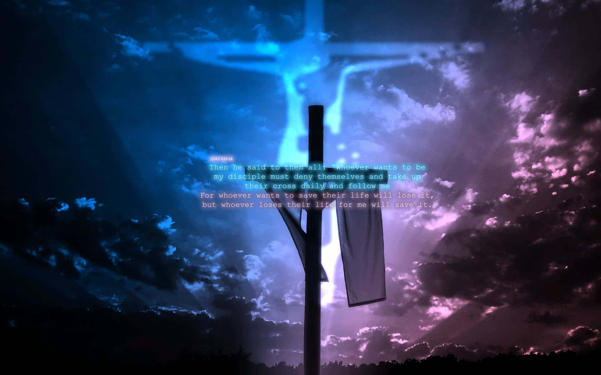 Jesus, glowing blue crucifix, purple and blue stormy sky, Full HD Desktop Wallpaper