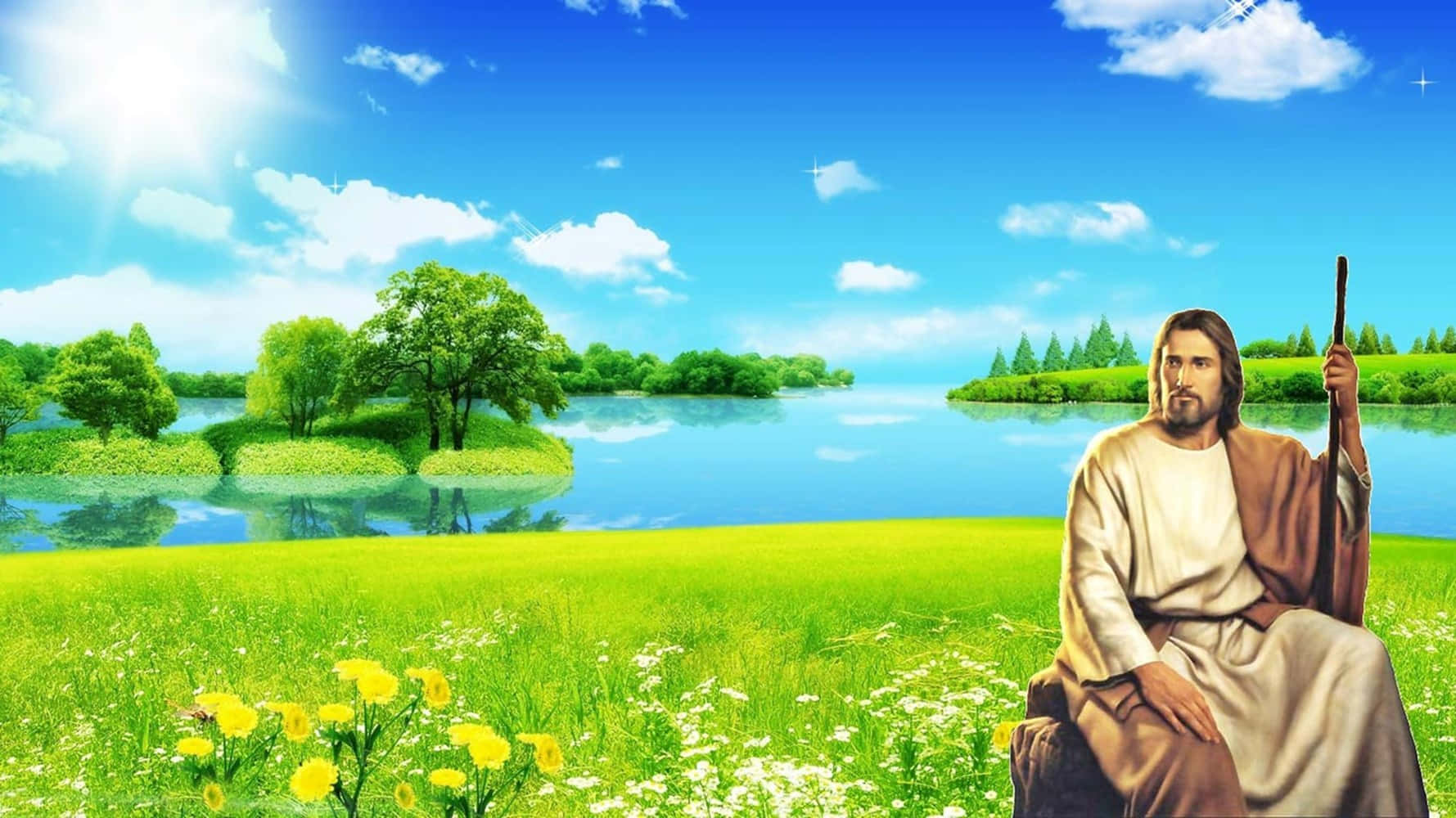 Jesus, Heaven, sunlit meadow, HD Desktop Wallpaper
