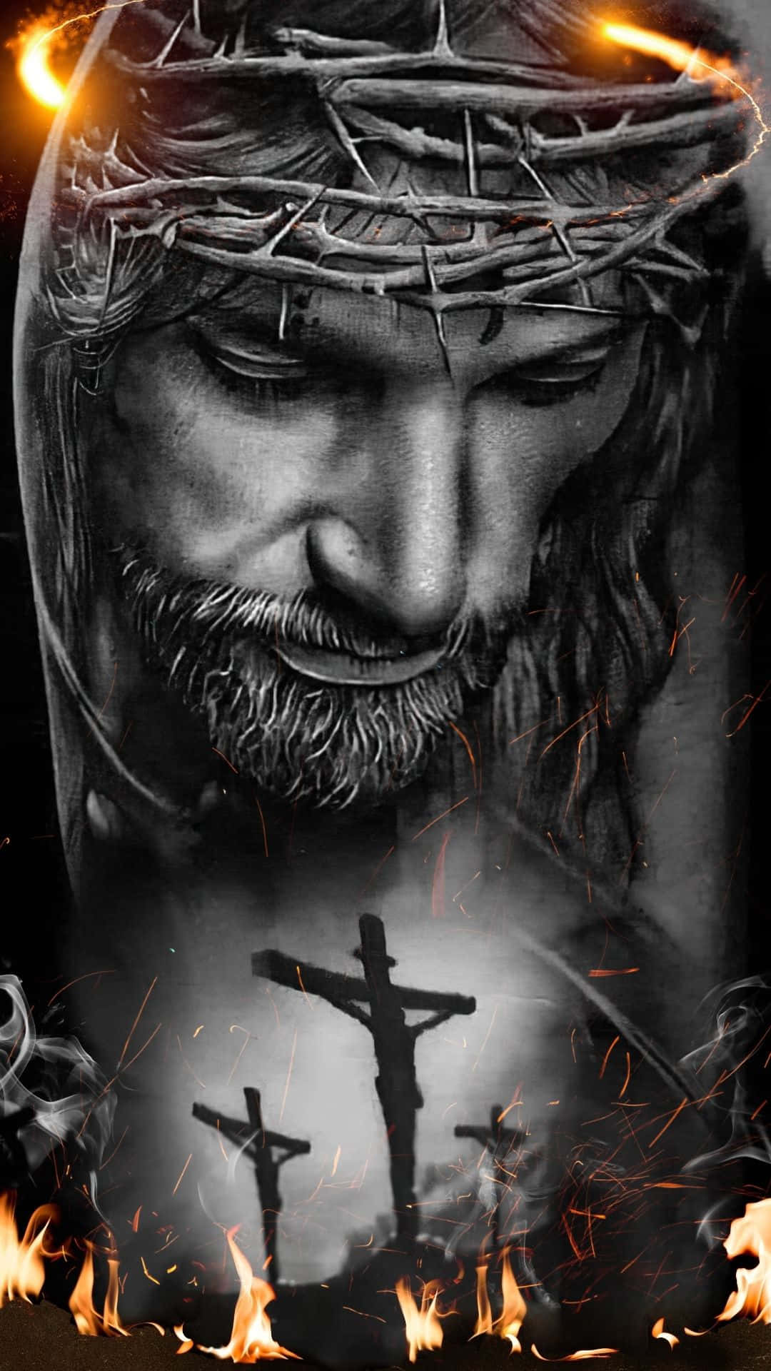 Jesus, crown of thorns, fiery orange flames, Full HD Phone Wallpaper