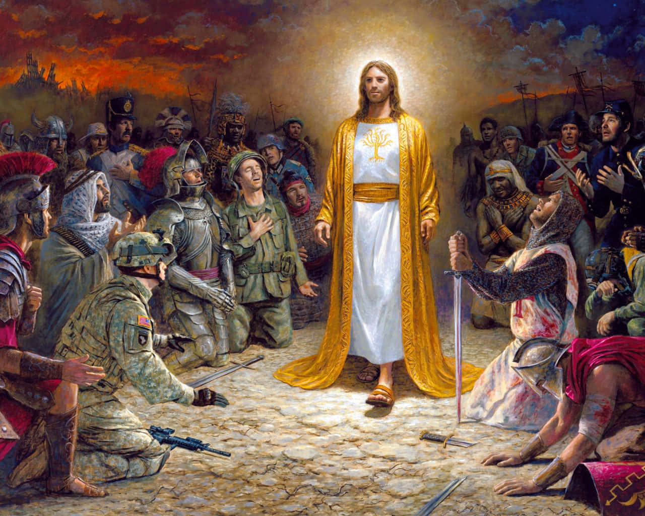 Jesus Is King, golden robe, kneeling soldiers, HD Desktop Wallpaper