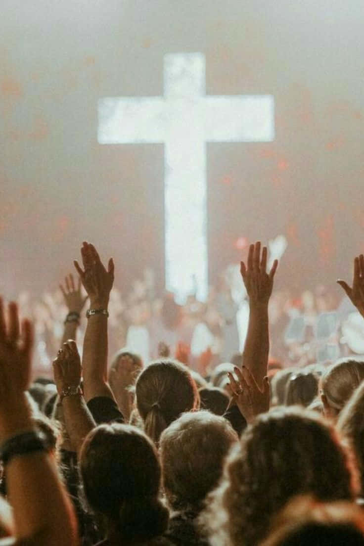 Jesus Is King, glowing cross, hazy worship service, SD Phone Wallpaper