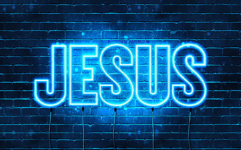 Jesus, glowing blue neon sign, dark brick wall, SD Desktop Wallpaper