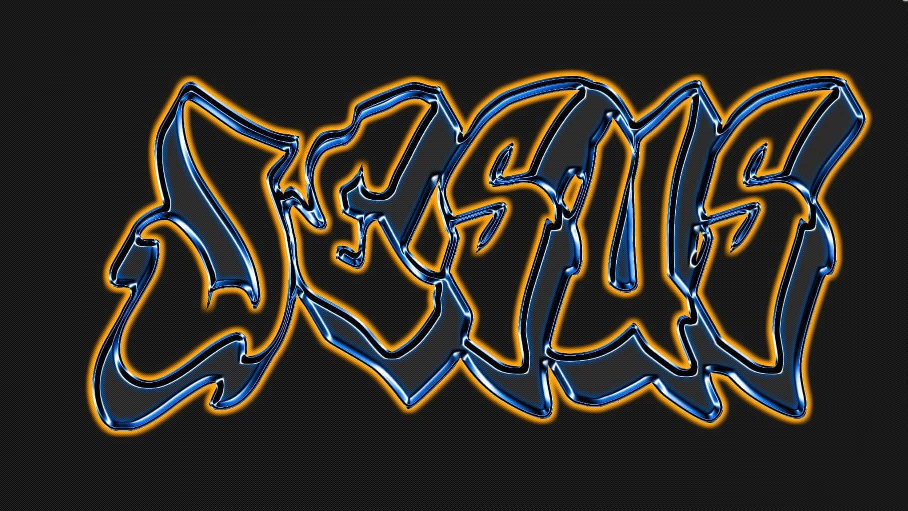 JESUS, glossy blue, orange neon graffiti, HD Desktop Wallpaper