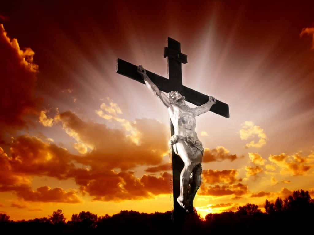 Jesus Is King, silver crucifixion statue, dramatic sunset sky, SD Desktop Wallpaper
