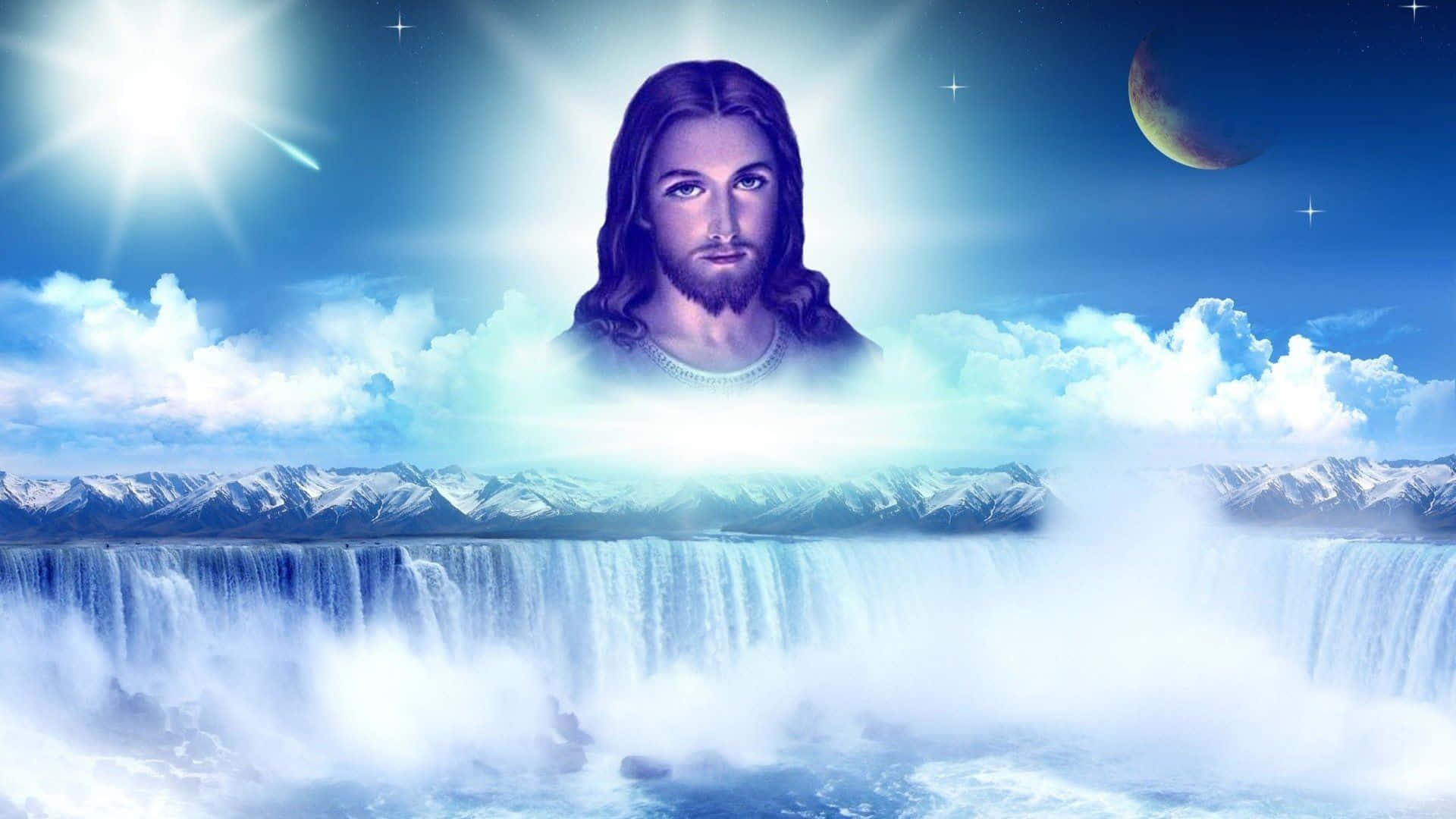 Jesus, massive waterfall, surreal sky, Full HD Desktop Wallpaper