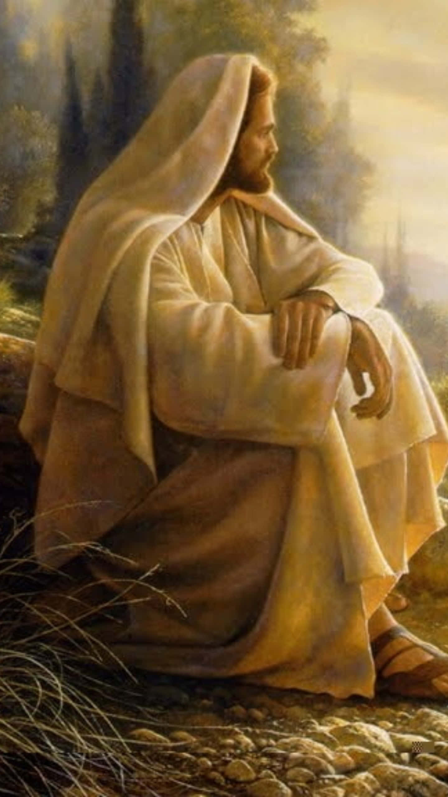 Jesus, white robes, rocky ground, 2K Phone Wallpaper