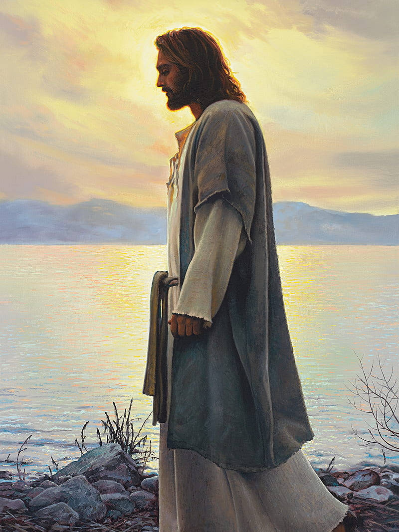 Jesus, golden sunset, calm lake, SD Phone Wallpaper