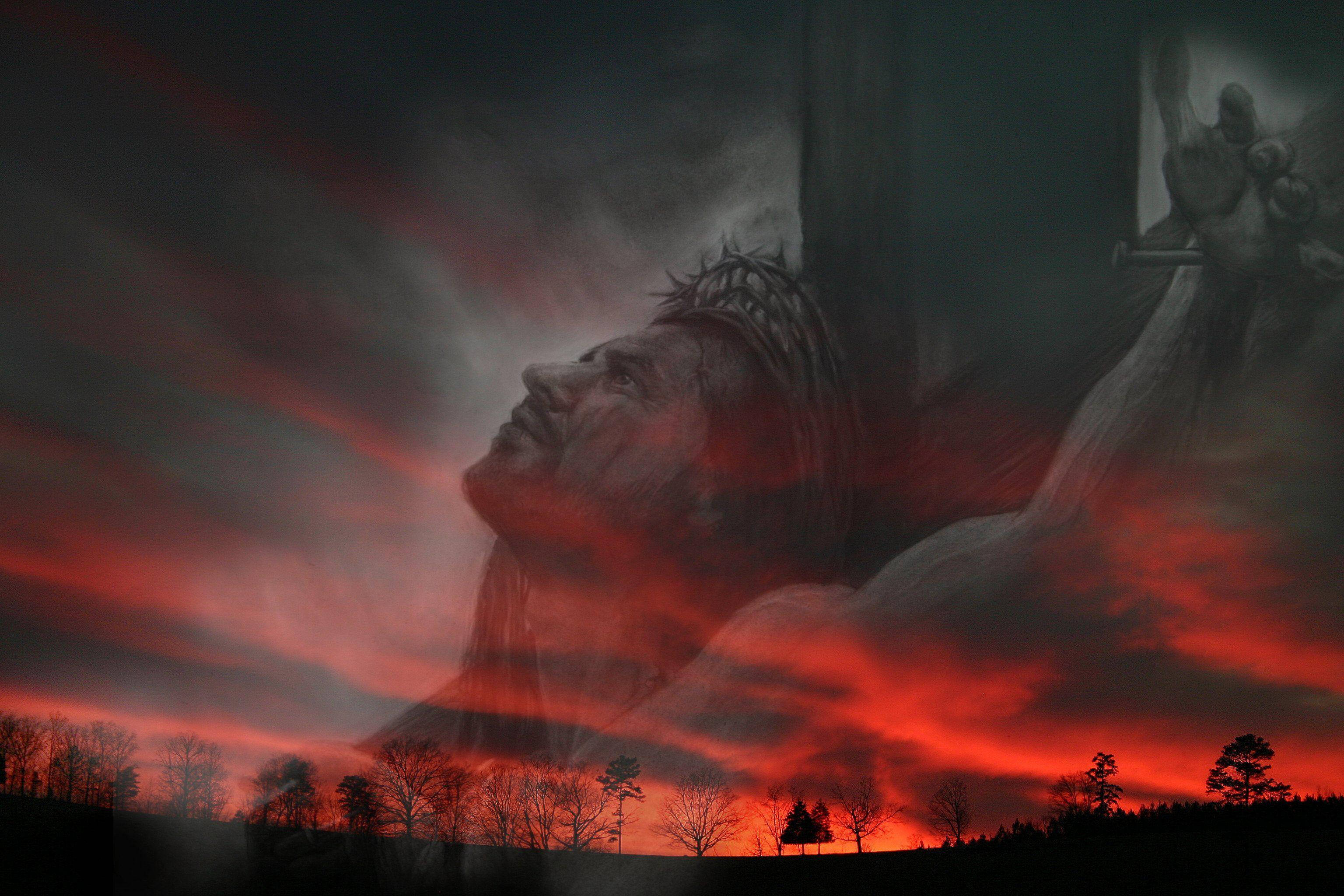 Jesus On Cross, crown of thorns, fiery red sky, 2K Desktop Wallpaper