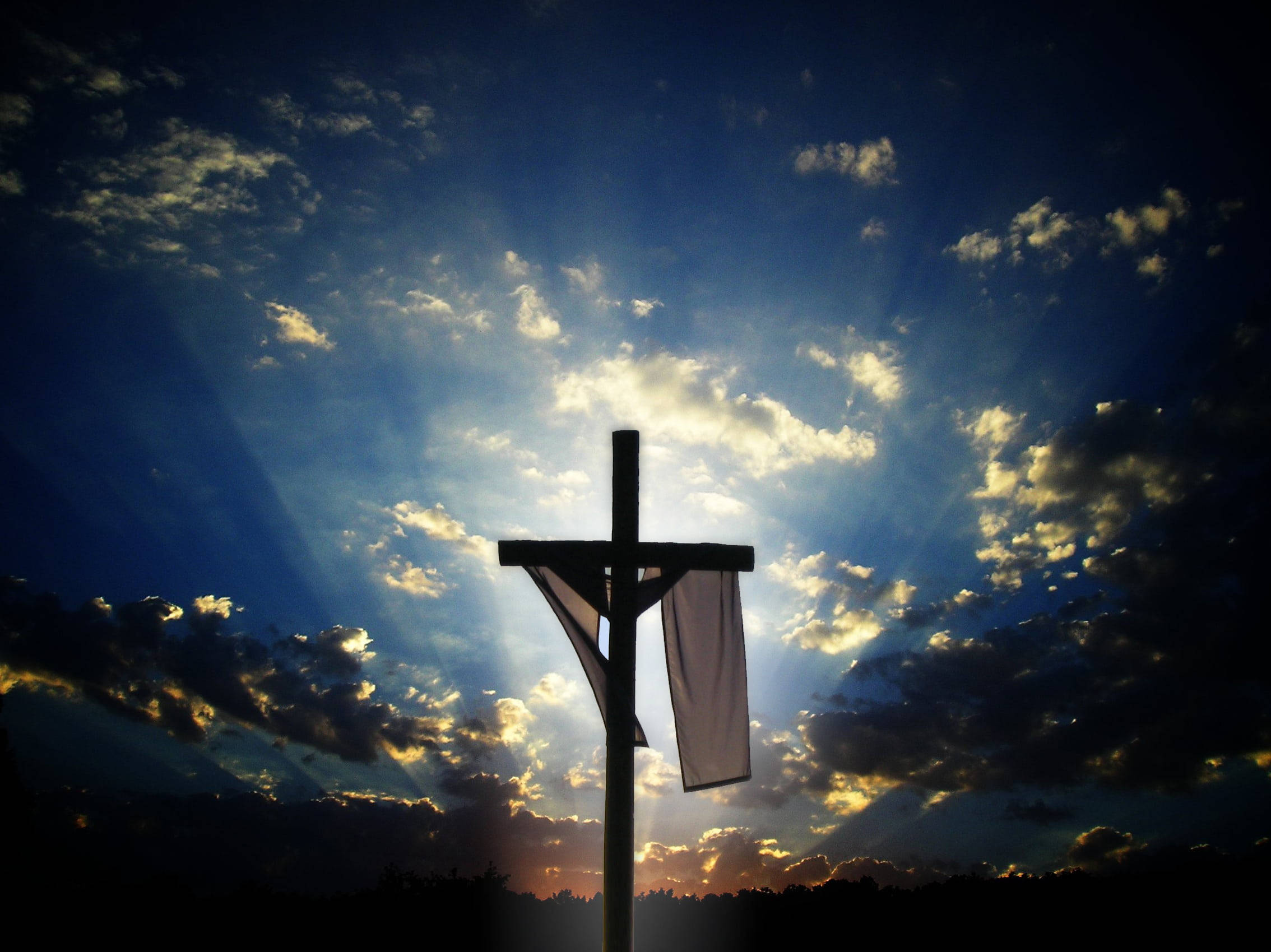 Jesus Cross, white cloth, dramatic sky, Full HD Desktop Wallpaper