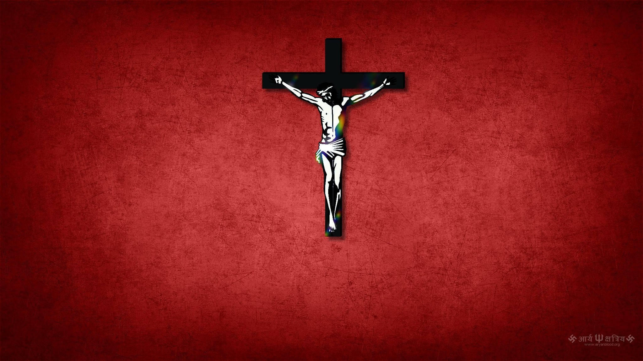 Jesus On Cross, red background, rainbow accents, Full HD Desktop Wallpaper