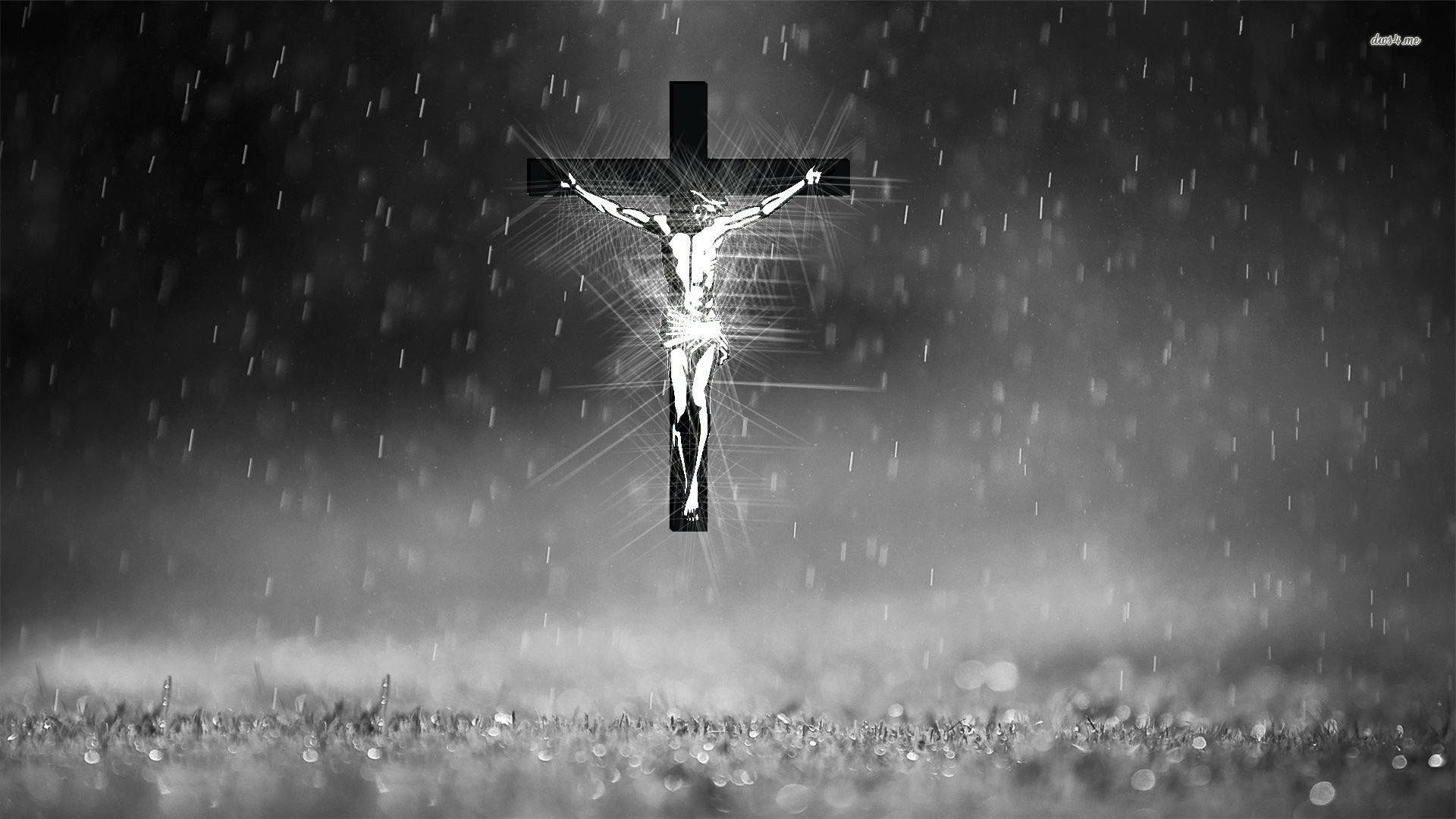 Jesus On Cross, raindrops, monochrome rain, Full HD Desktop Wallpaper