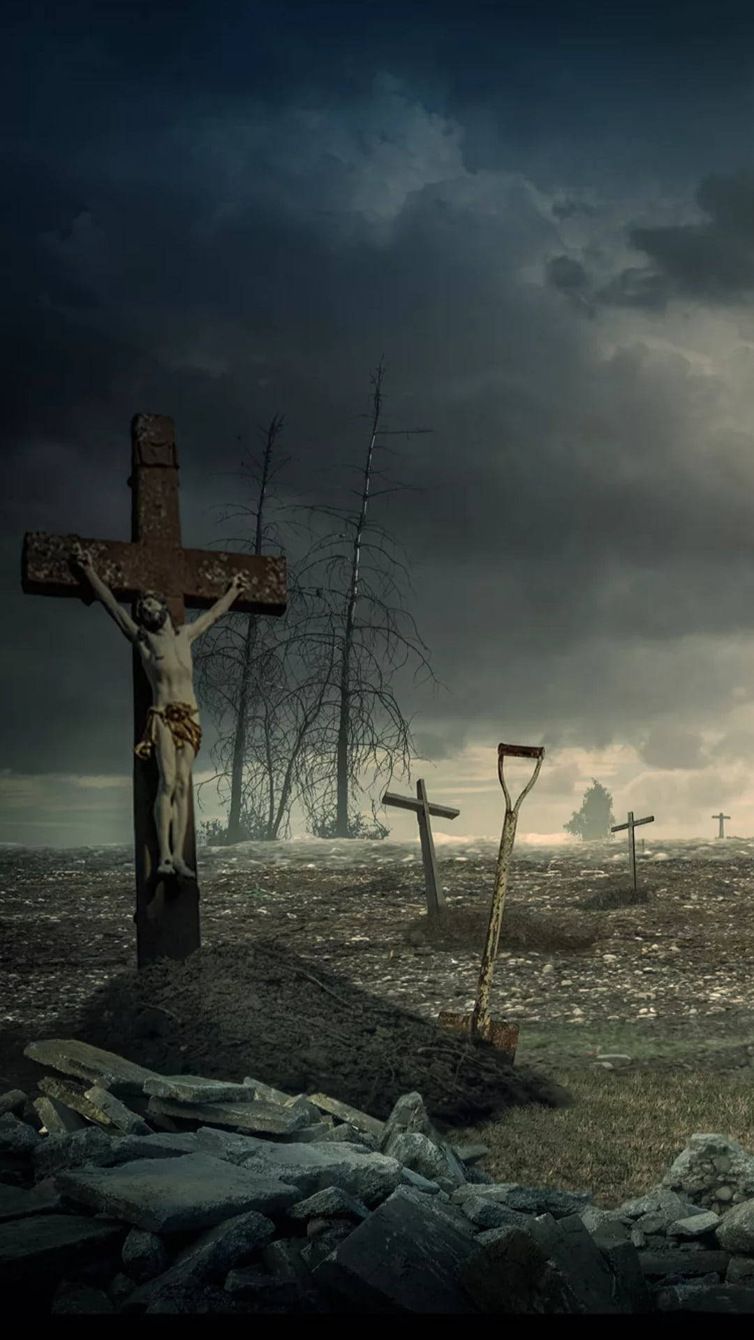Jesus Cross, graveyard, stormy sky, Full HD Phone Wallpaper