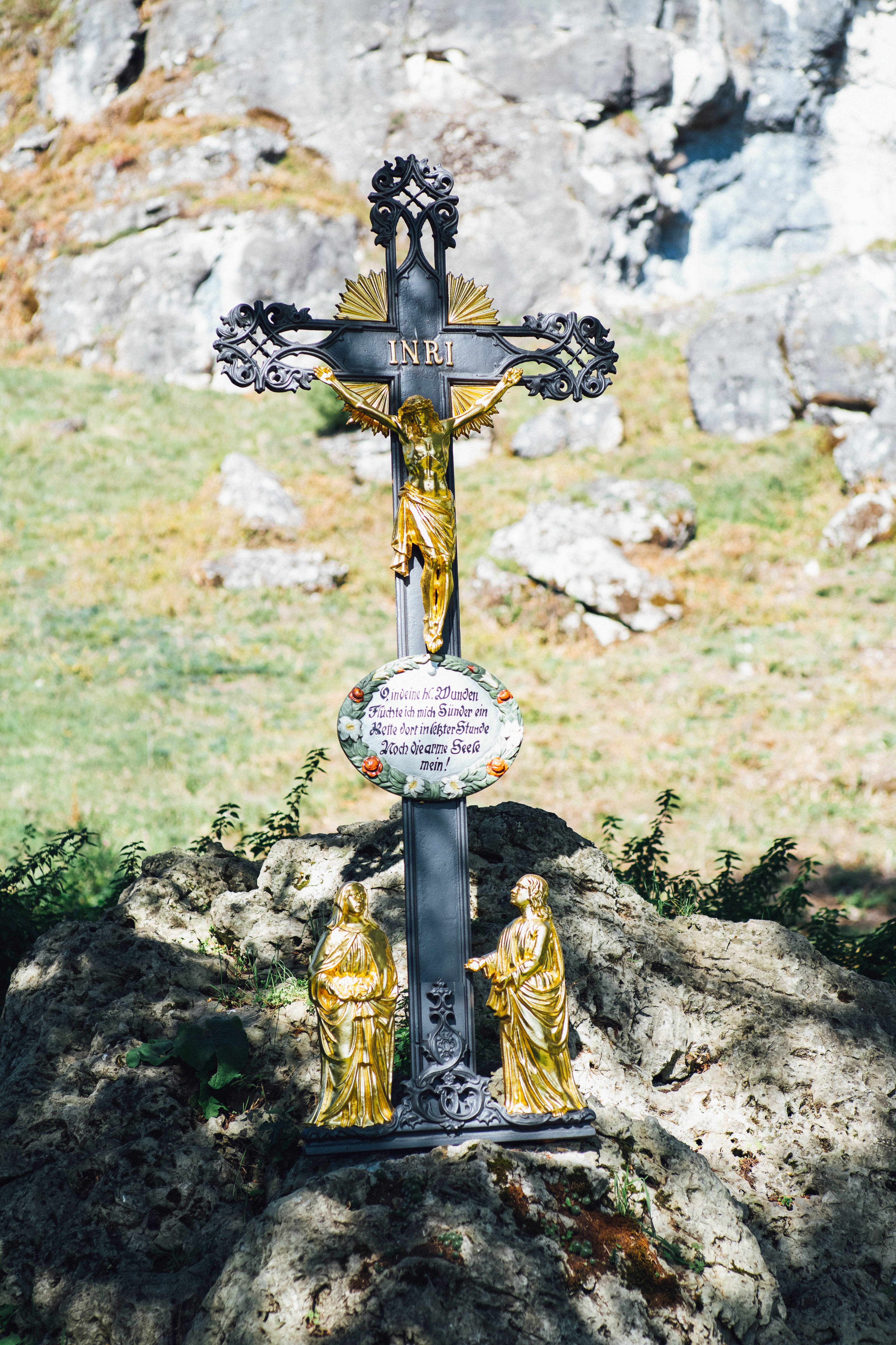 Jesus On Cross, golden crucifix, ornate black metalwork, 5K Phone Wallpaper