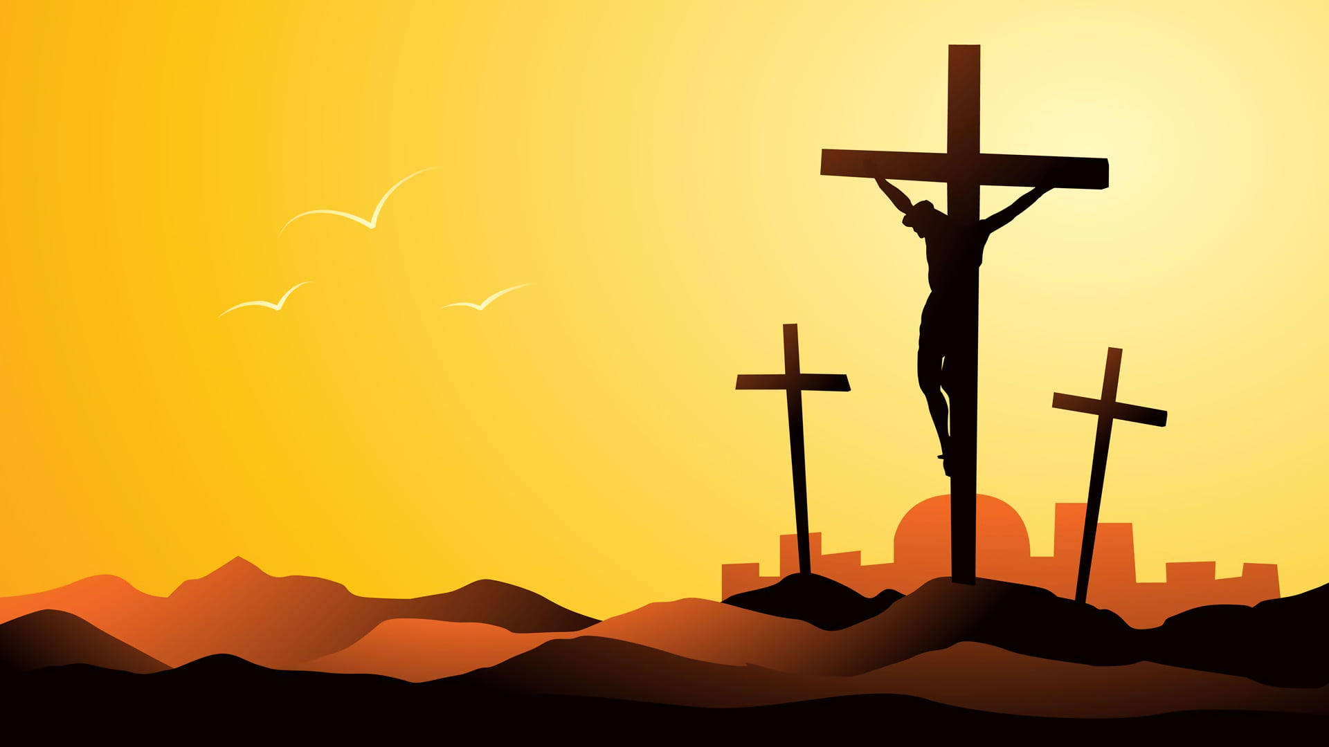 yellow vector art, Jesus on a cross, sunset, Full HD Desktop Wallpaper