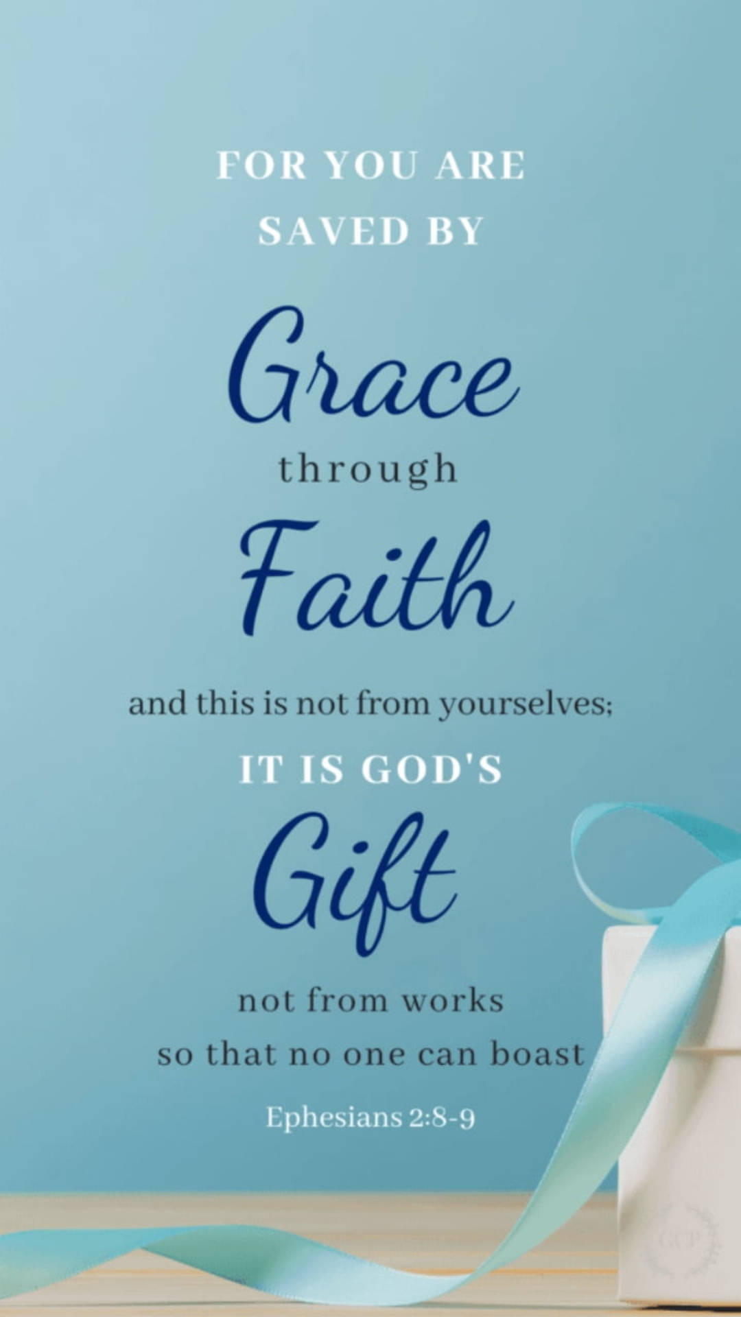 Ephesians 2:8-9, light blue background, elegant script text, Full HD Phone Wallpaper